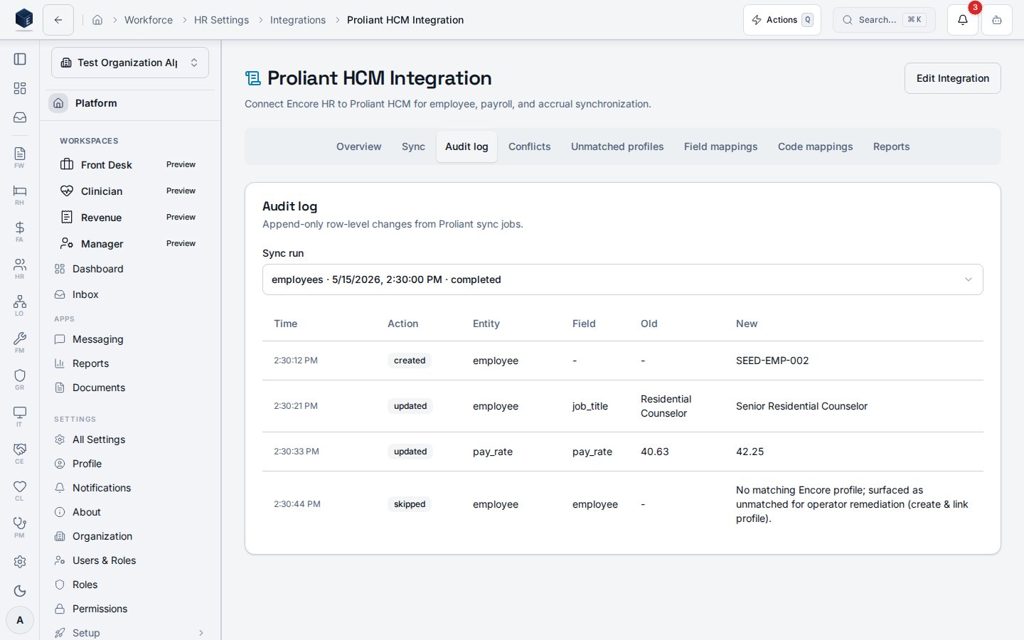 Proliant Audit log tab