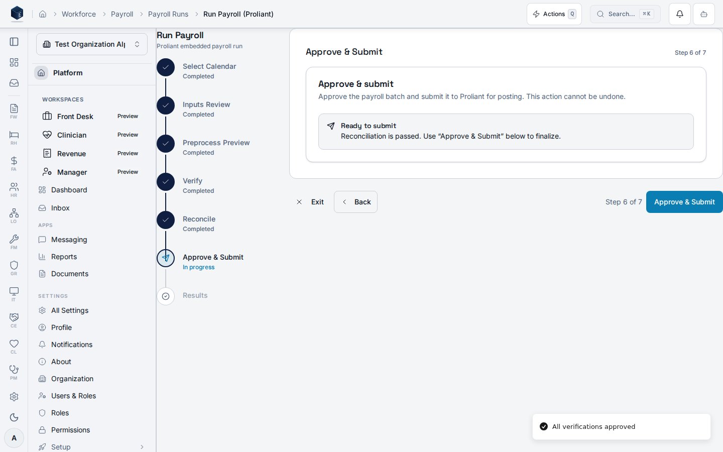 Proliant payroll run wizard, Approve & Submit step