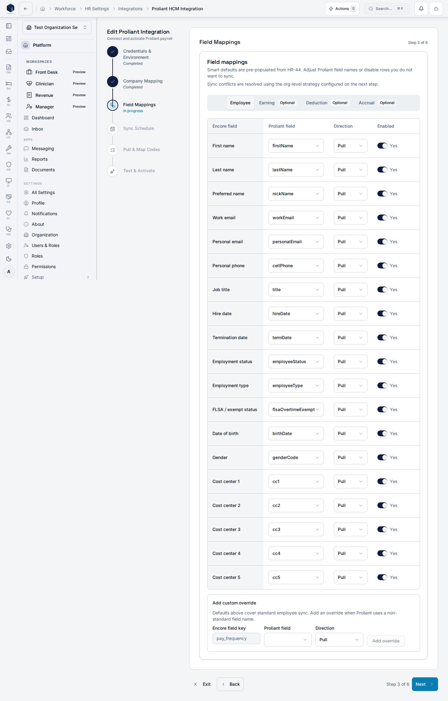 Setup wizard field mappings step