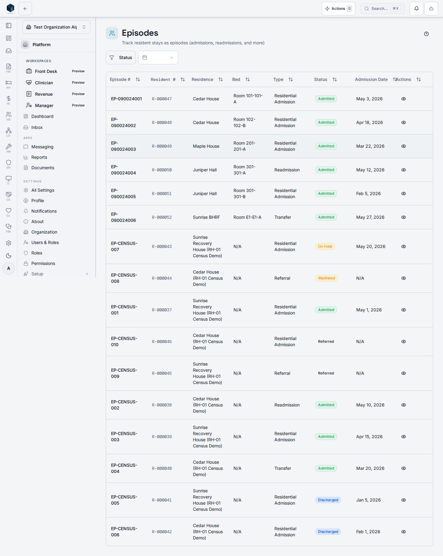 Recovery Housing resident episode roster across statuses