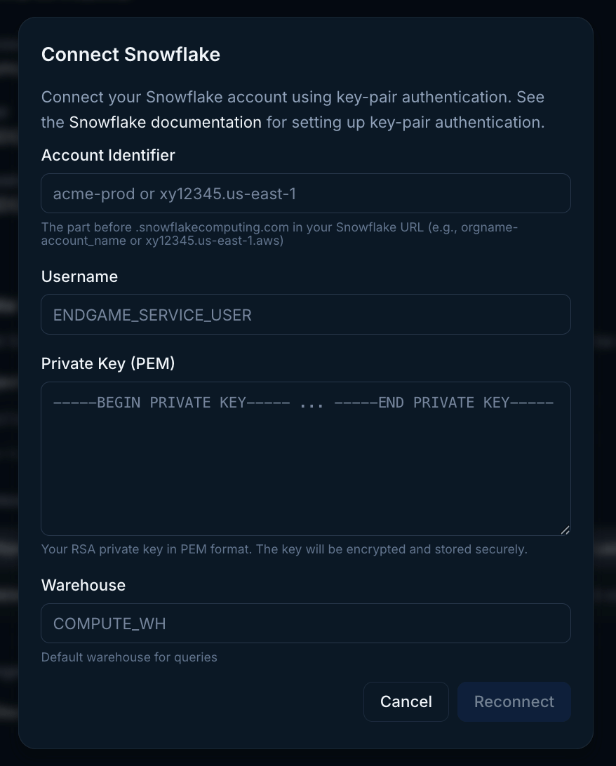 Snowflake connector modal