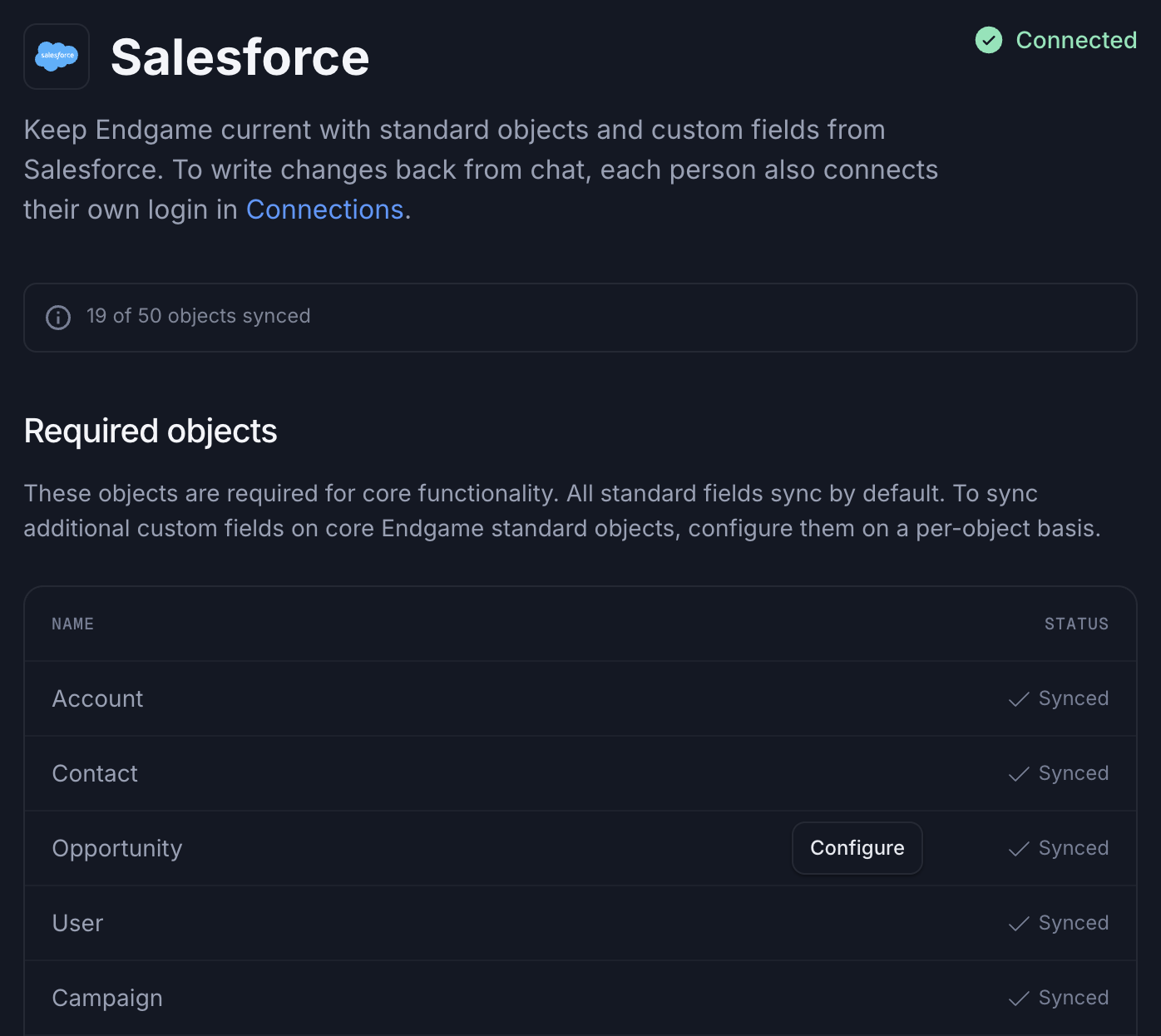 Required objects table on the Salesforce page with a Configure button on a configurable object