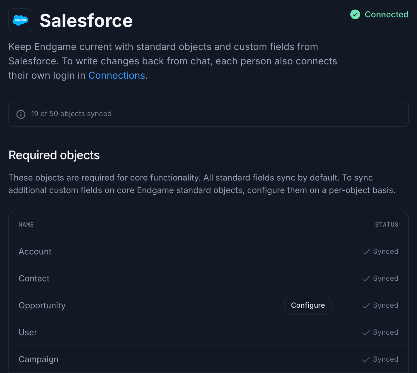 Required objects table on the Salesforce page with a Configure button on a configurable object