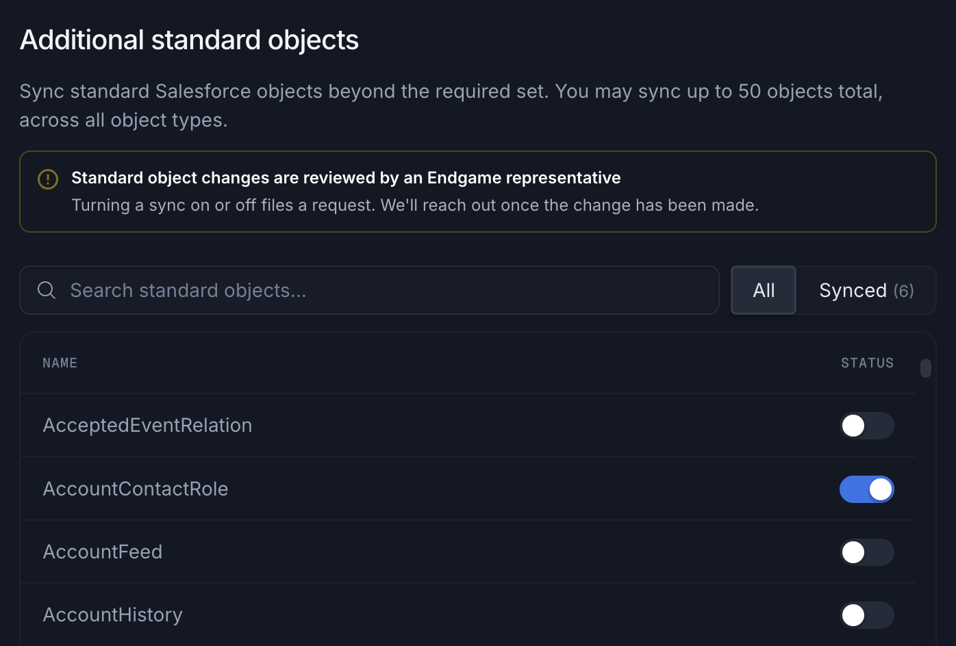Additional standard objects section with a review notice, object search, and a sync toggle for each object