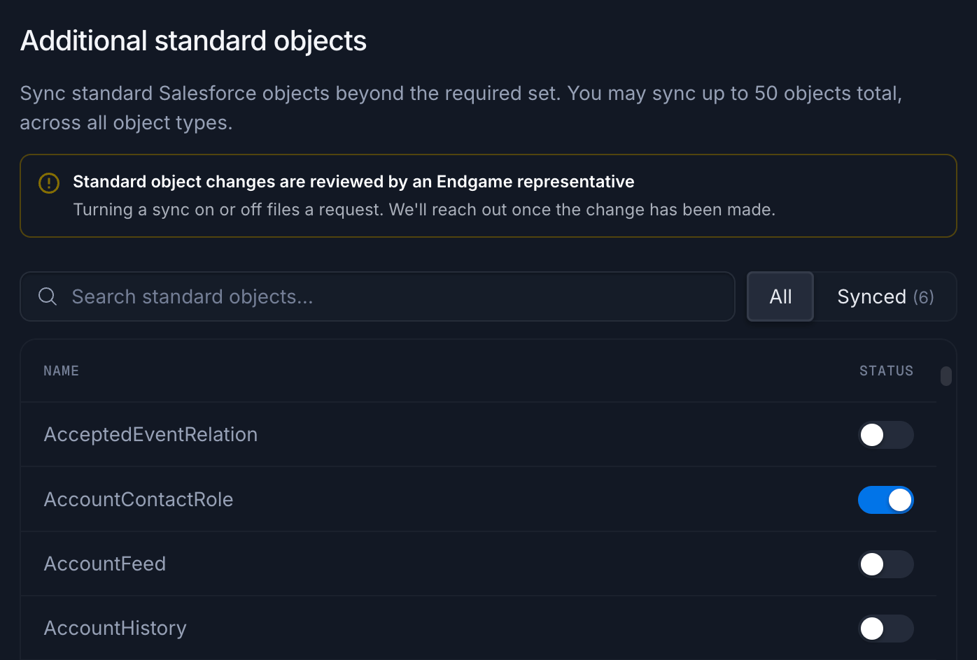 Additional standard objects section with a review notice, object search, and a sync toggle for each object
