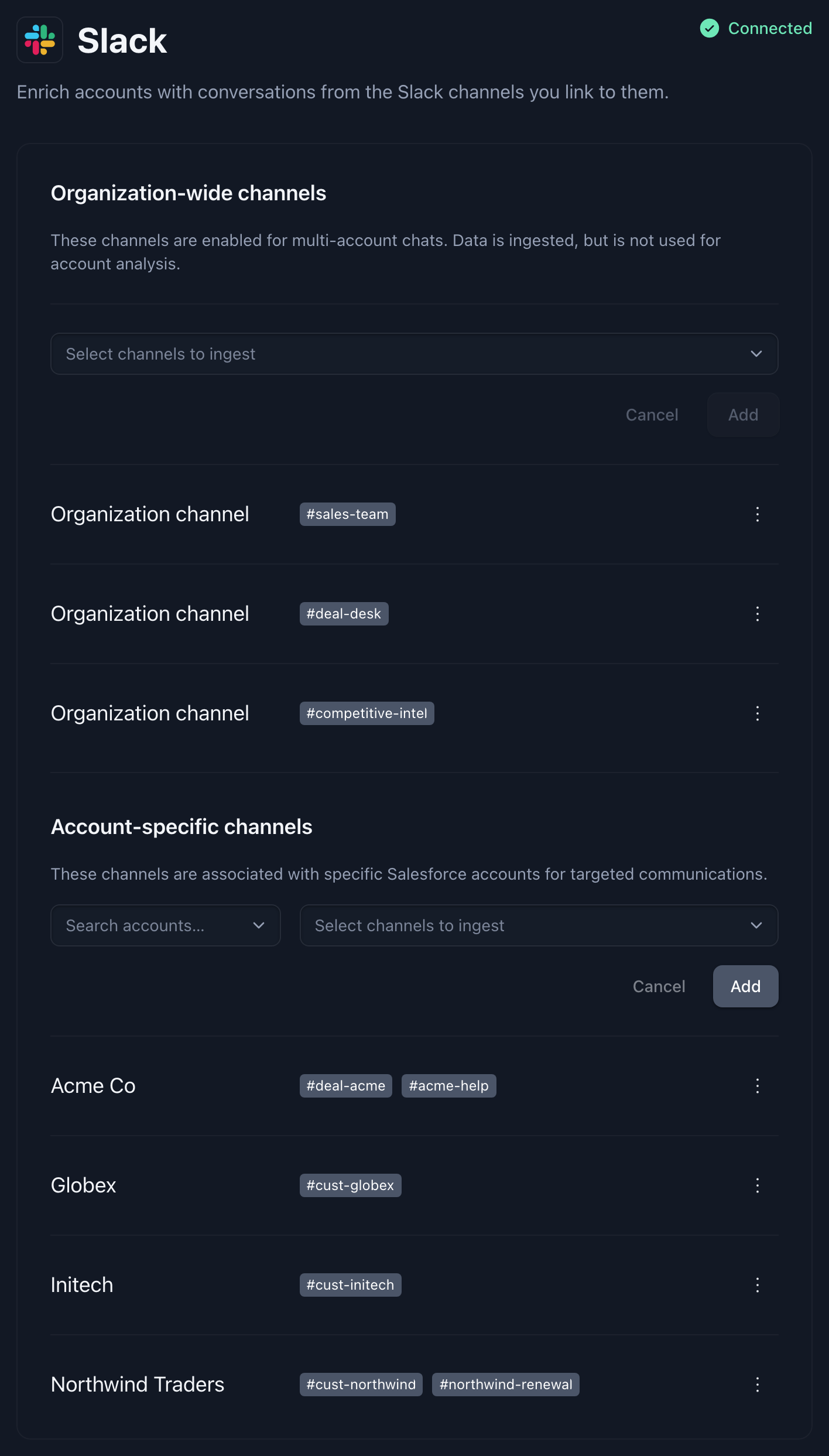 Slack page with three organization-wide channels and four accounts with their linked channels
