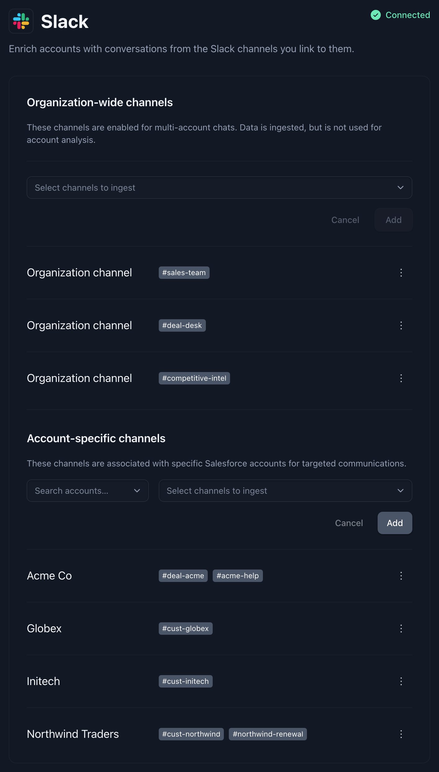 Slack page with three organization-wide channels and four accounts with their linked channels
