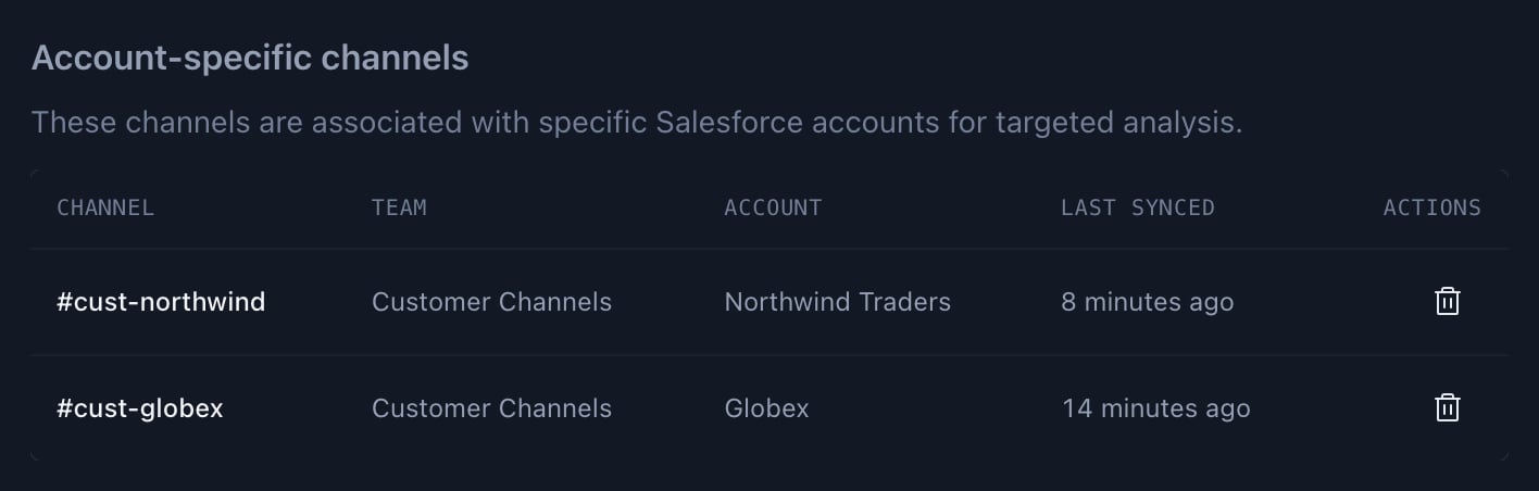 Account-specific channels table with channel, team, account, last synced time, and a remove icon for each channel