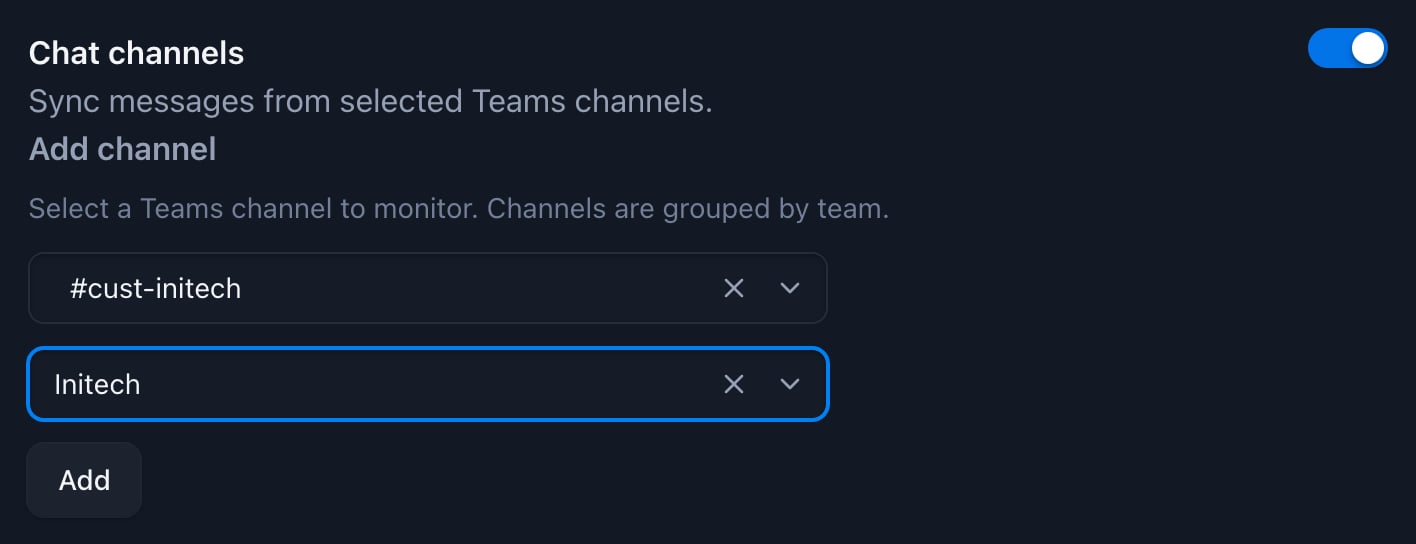 Chat channels section with a Teams channel and an account selected in Add channel, and the Add button