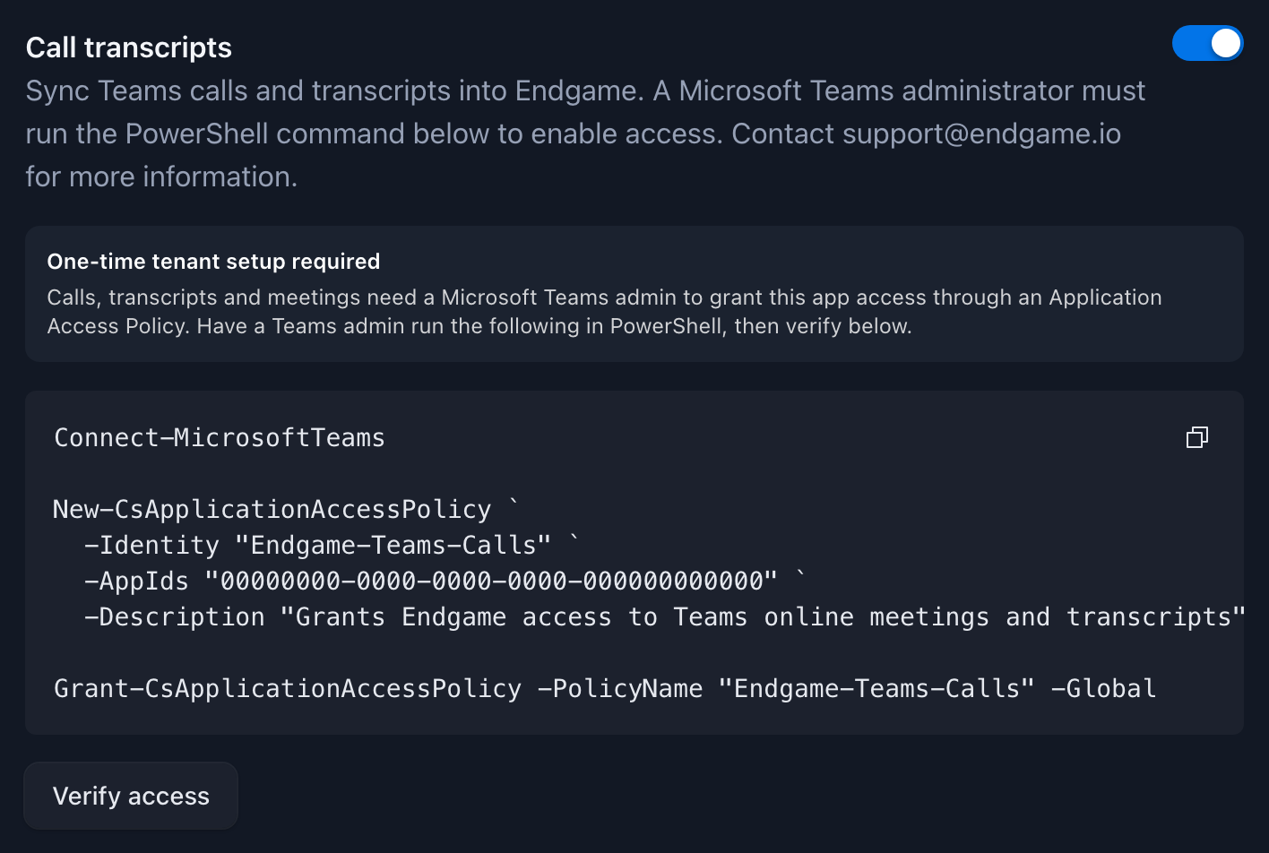 Call transcripts section with the One-time tenant setup required message, a PowerShell command with a copy button, and a Verify access button