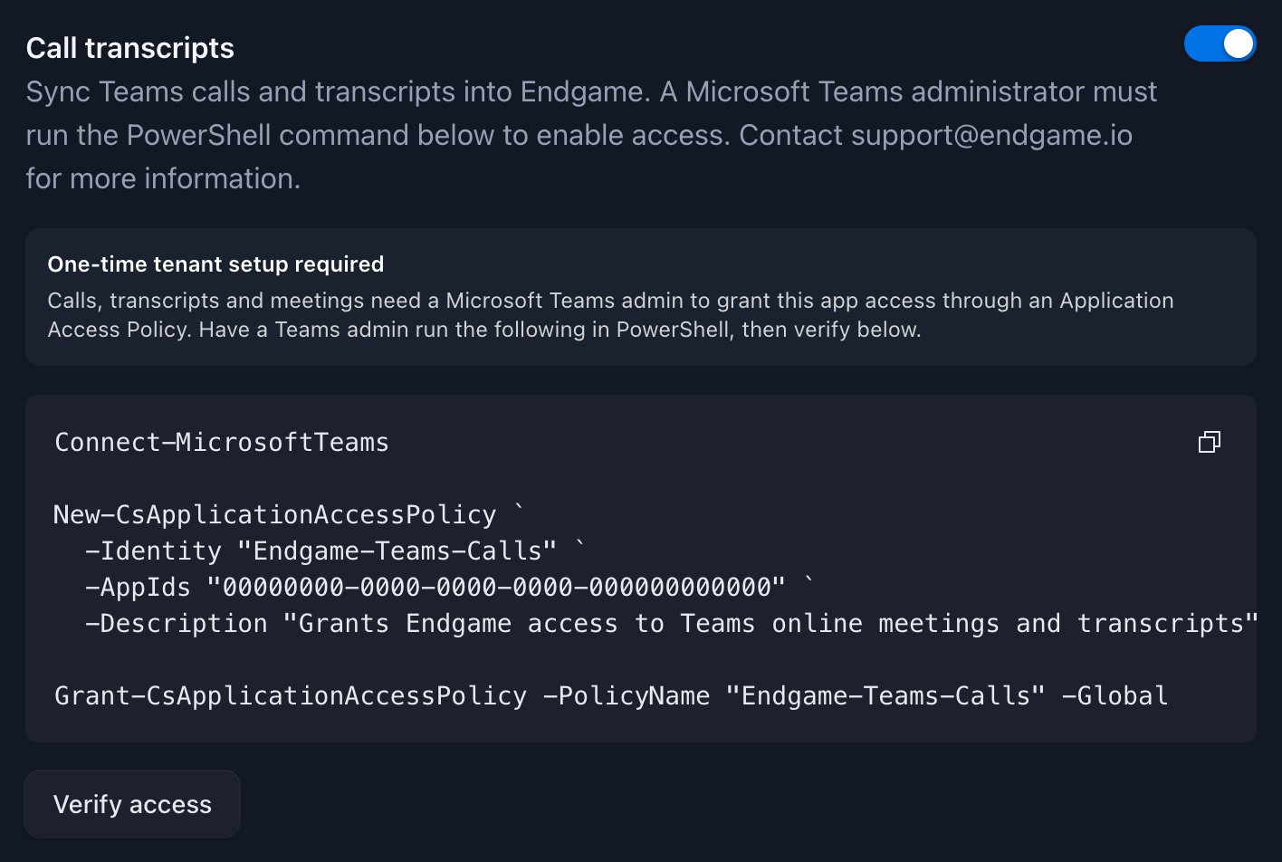 Call transcripts section with the One-time tenant setup required message, a PowerShell command with a copy button, and a Verify access button