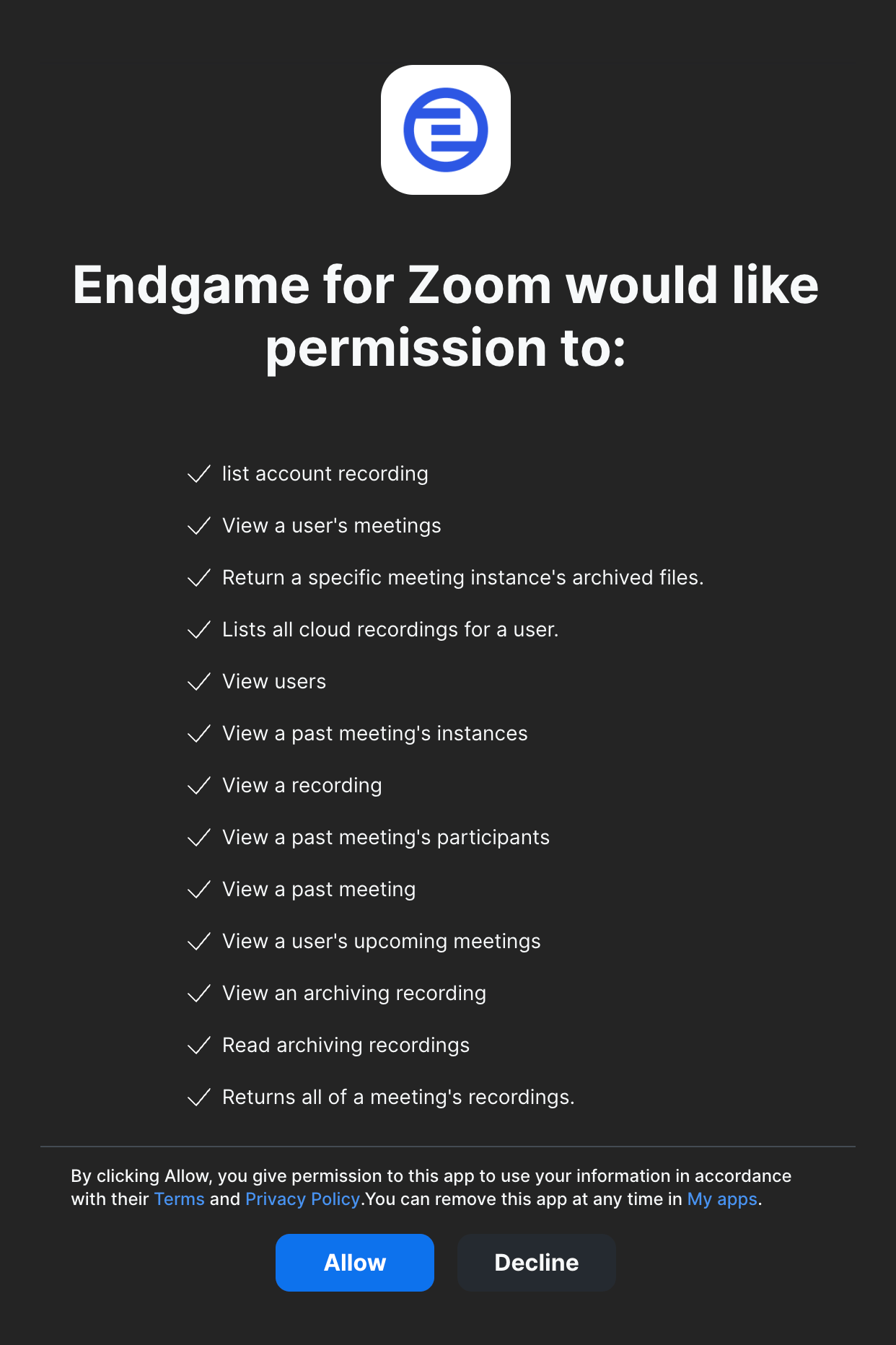 Zoom permission page for Endgame for Zoom listing the meeting and recording access it asks for, with Allow and Decline buttons
