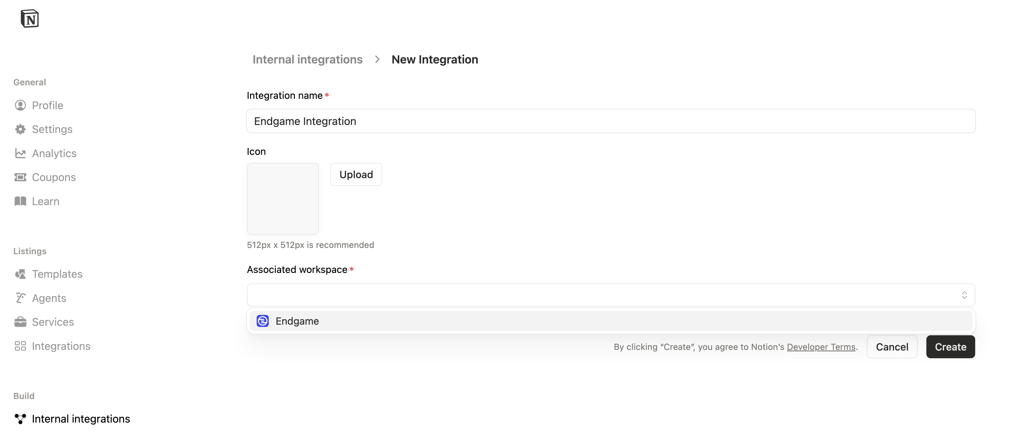 Create new integration Notion