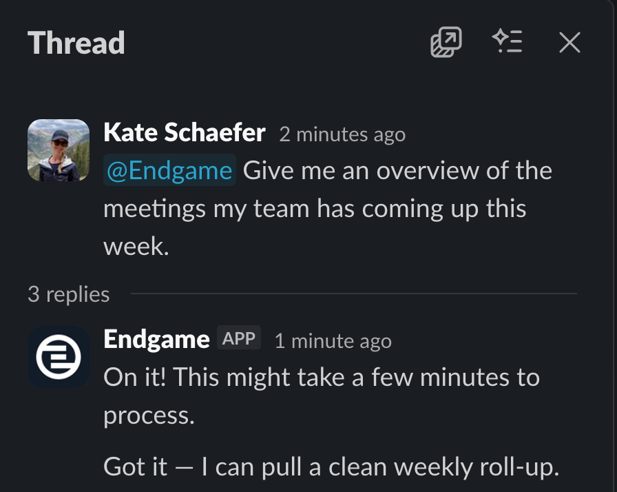Endgame thread in slack