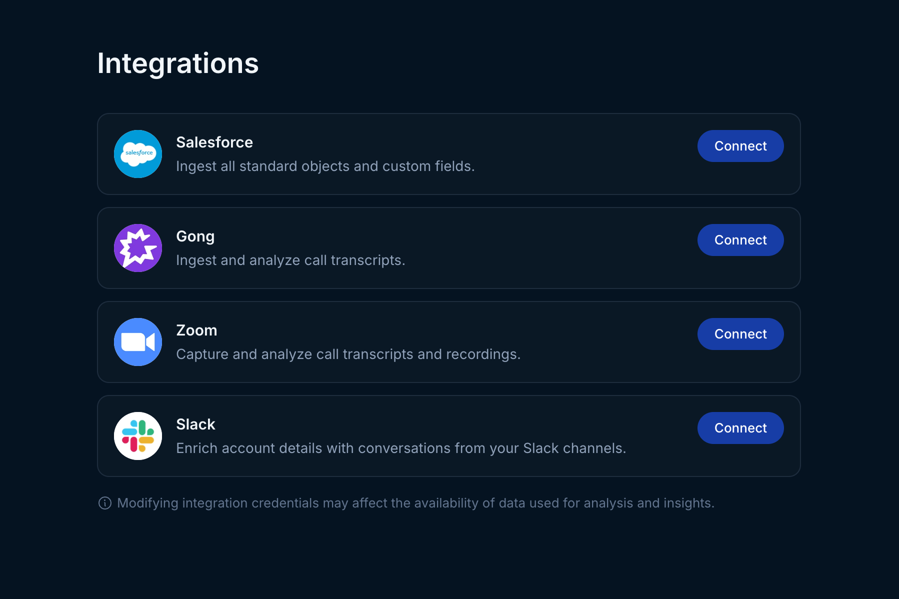 Integrations view