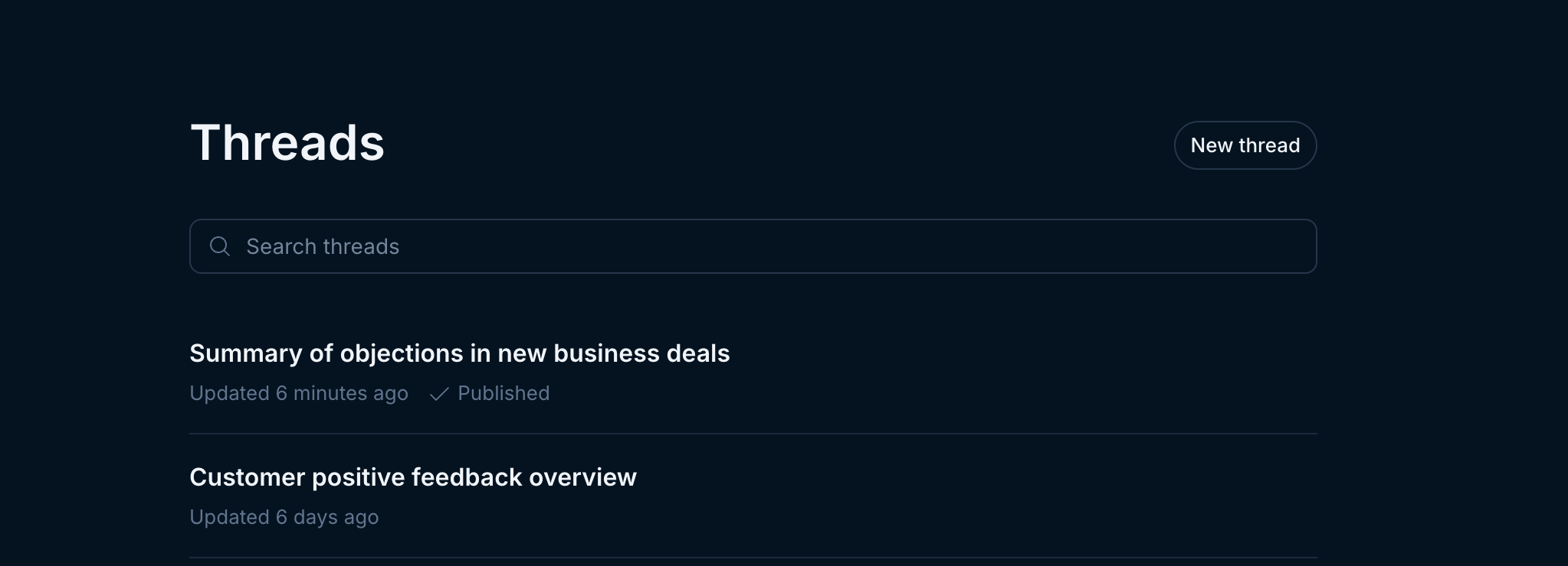 Thread list with a published and private thread