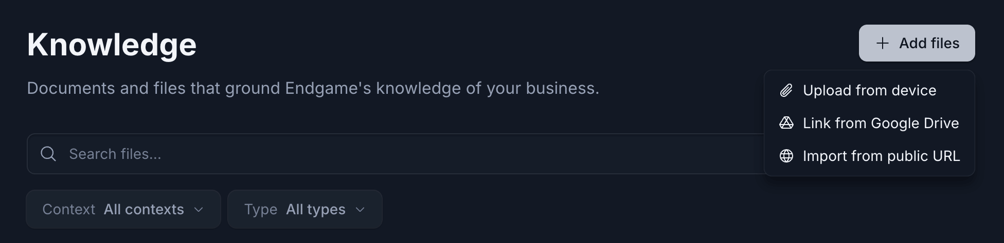 Knowledge view with the Add files menu open, showing Upload from device, Link from Google Drive, and Import from public URL