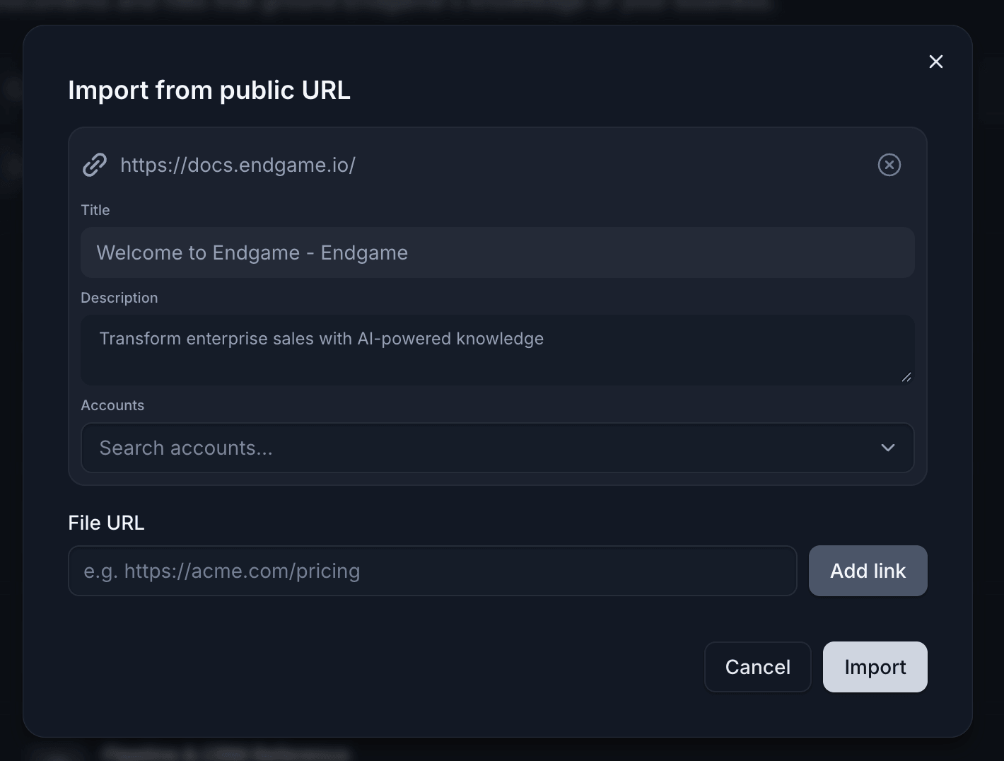 Import from public URL modal showing title, description, accounts, and file URL fields