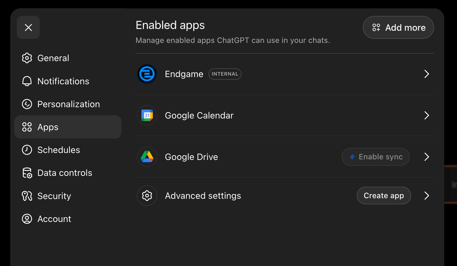 ChatGPT enabled apps screen