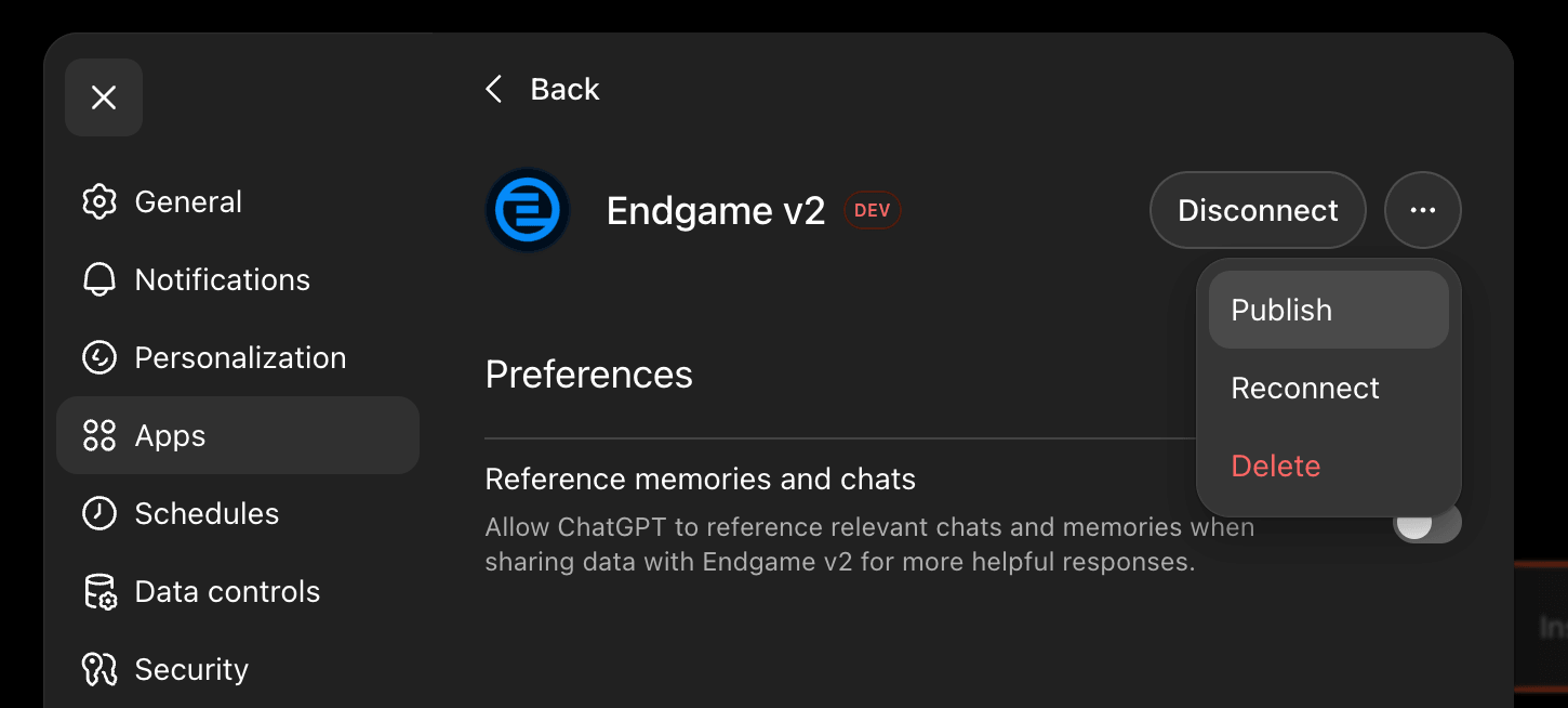 ChatGPT publish app screen