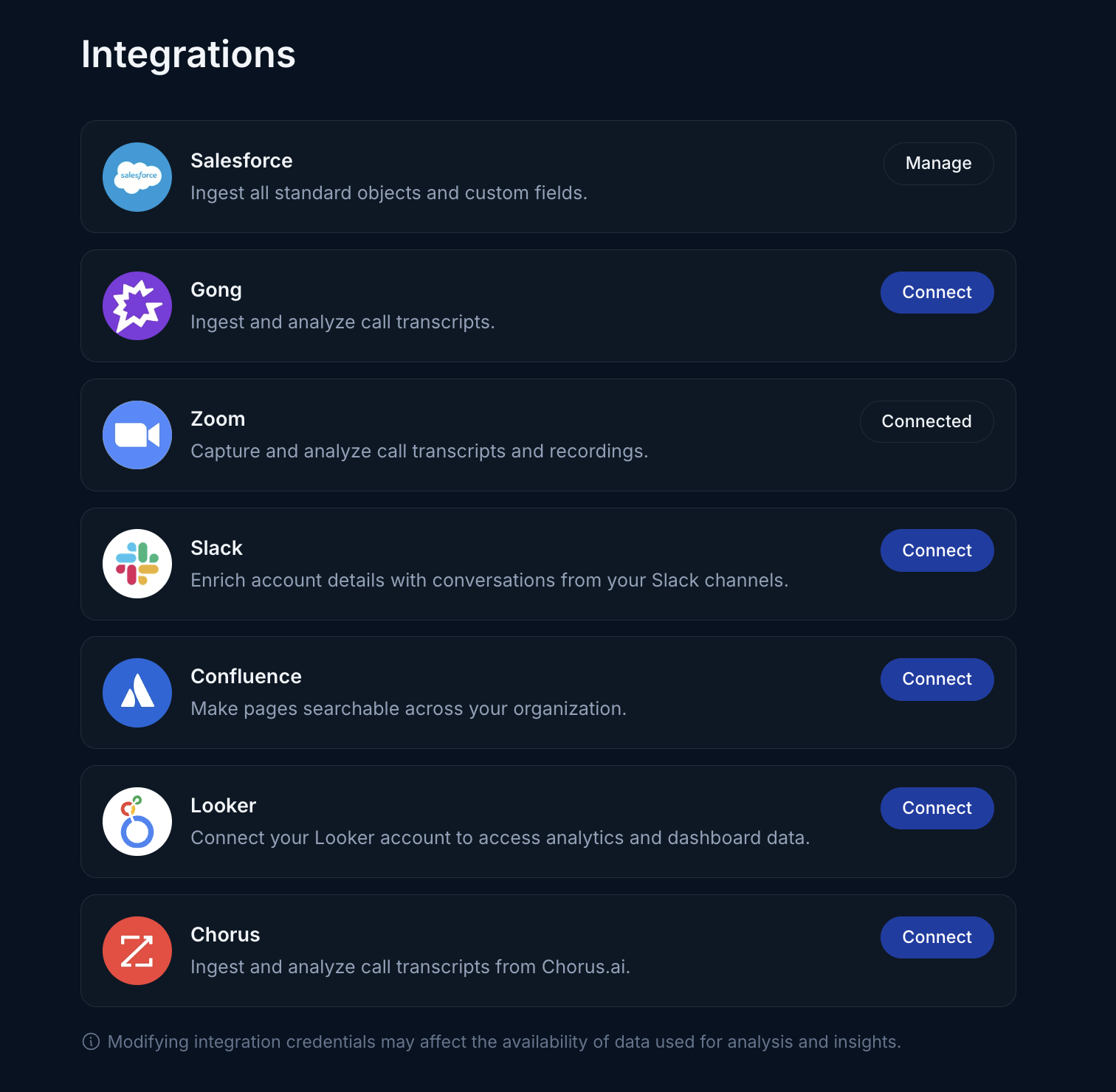 Integrations page