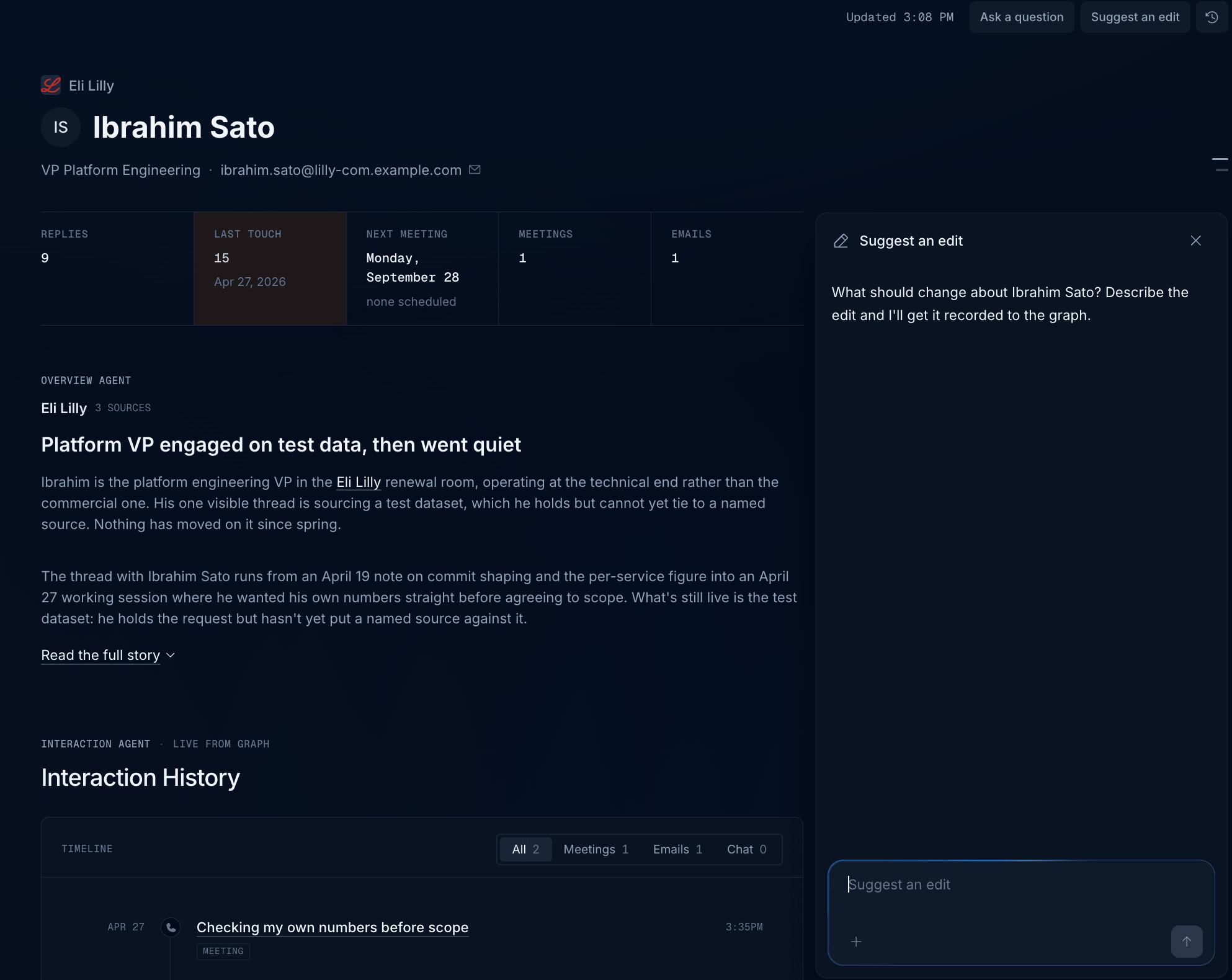 Ibrahim Sato person page with the Suggest an edit panel open on the right, asking what should change and offering a text input