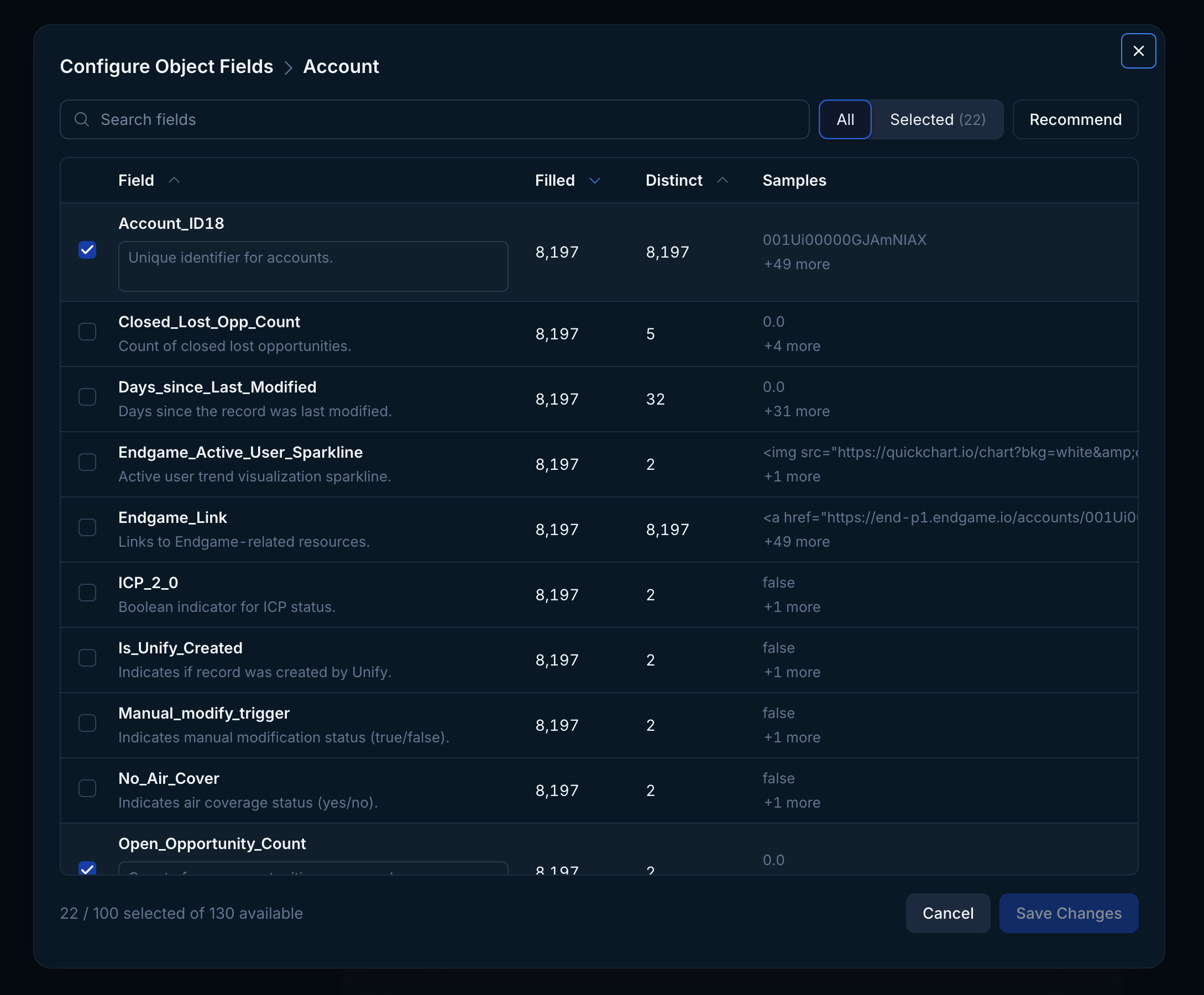 Configure object fields modal
