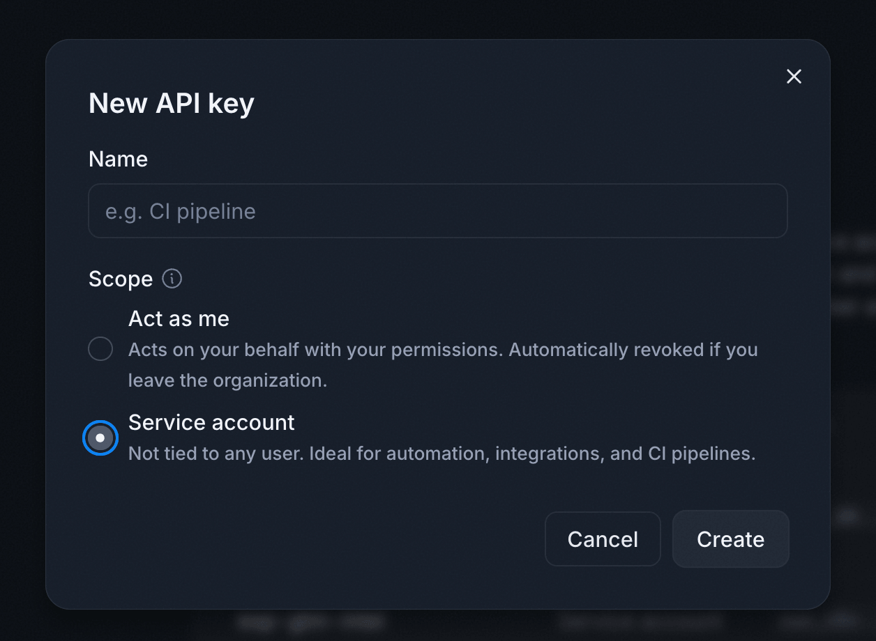Create service account API key in Endgame