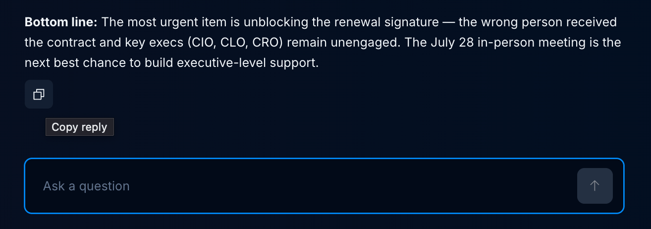Copy reply button below an Endgame response