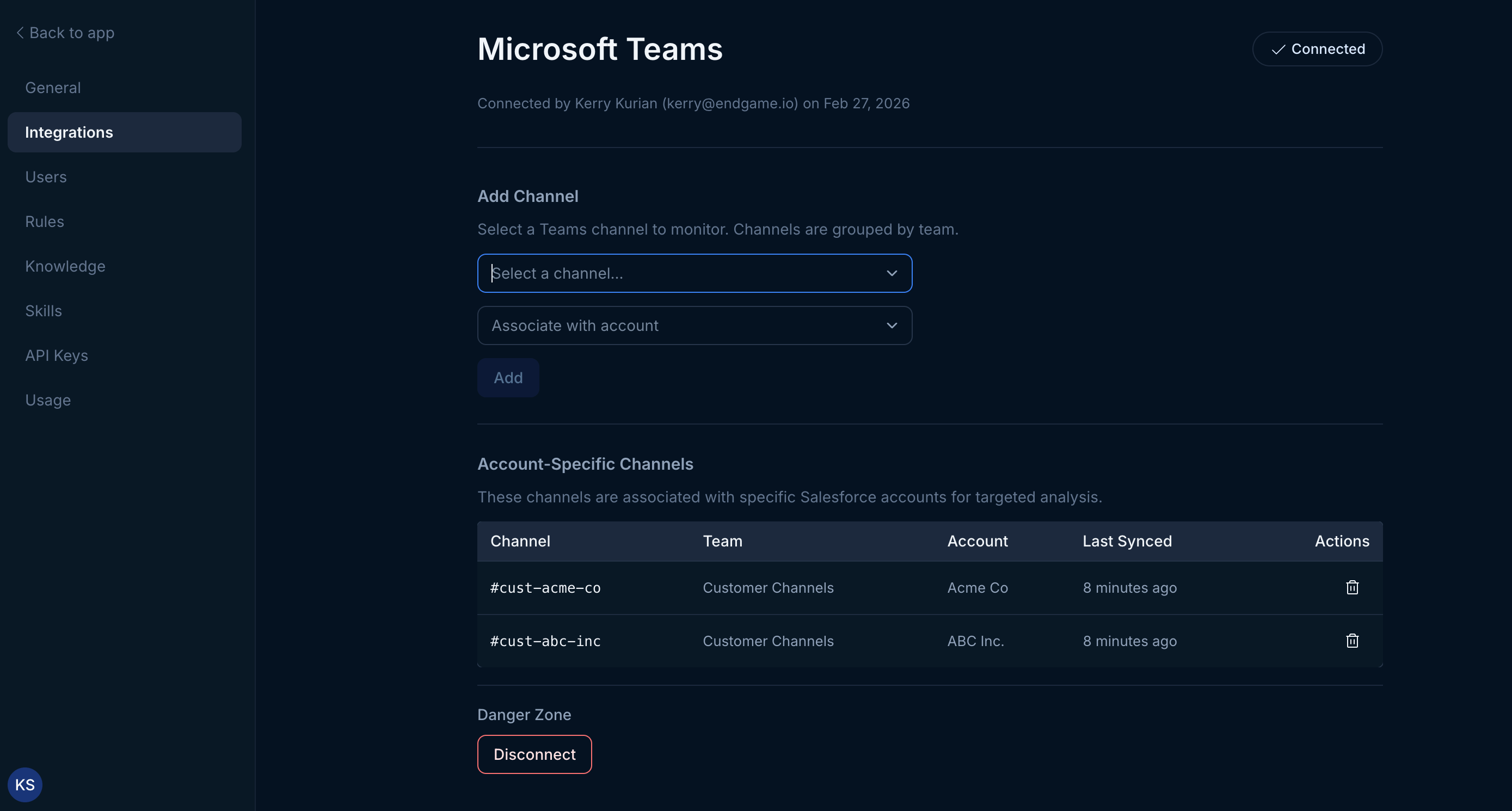 Microsoft Teams integration view