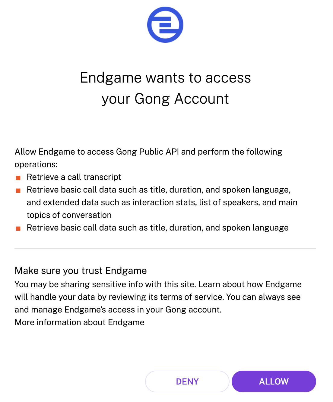 Gong authorization page