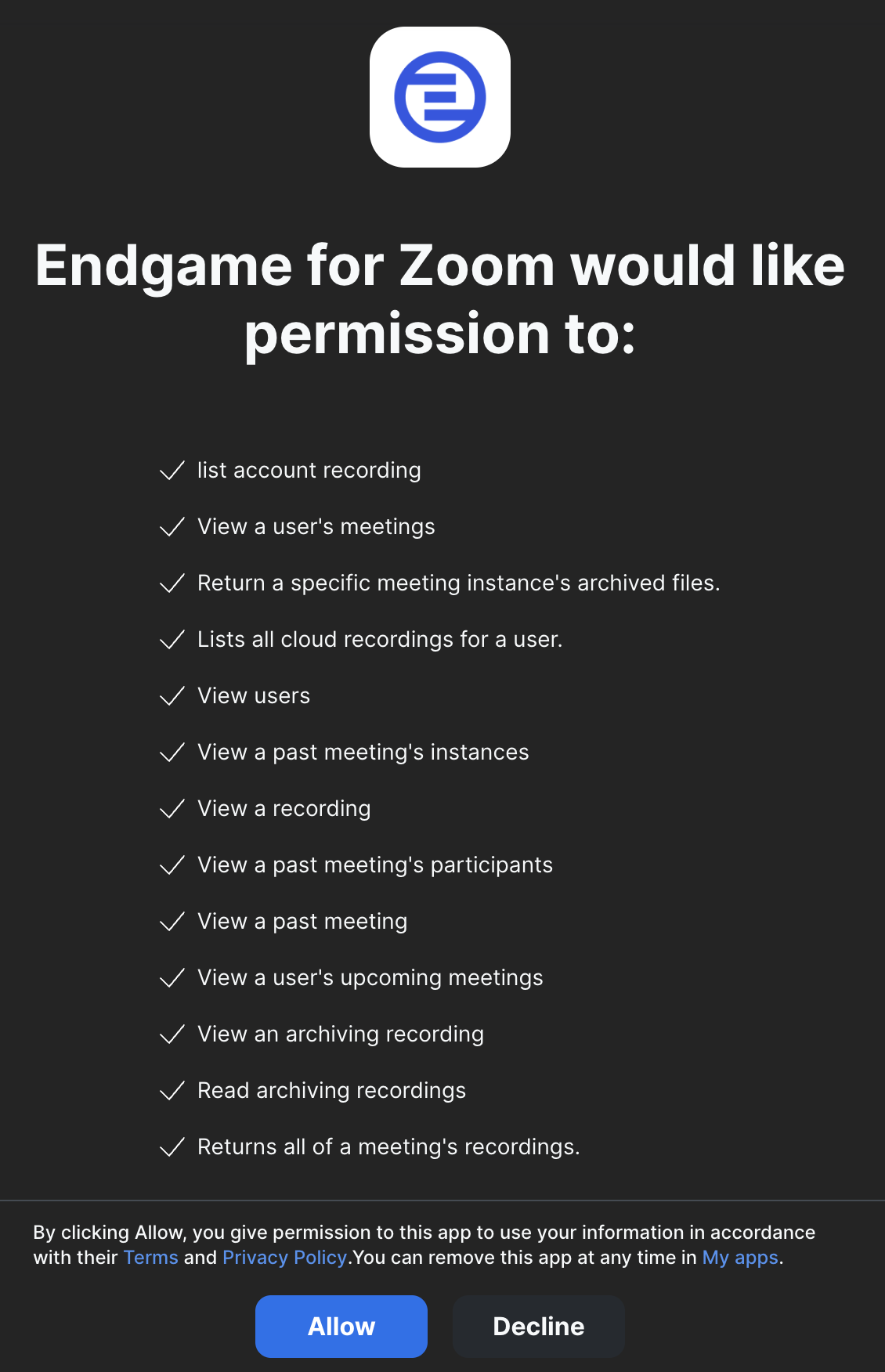 Zoom authorization page
