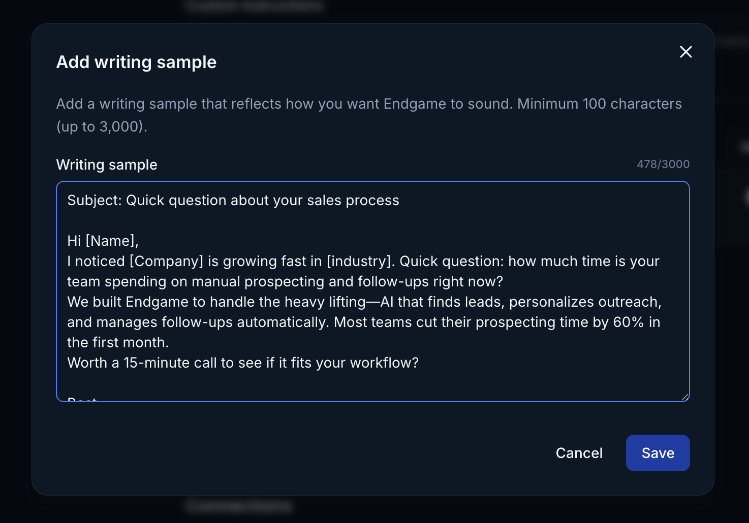 Writing sample modal