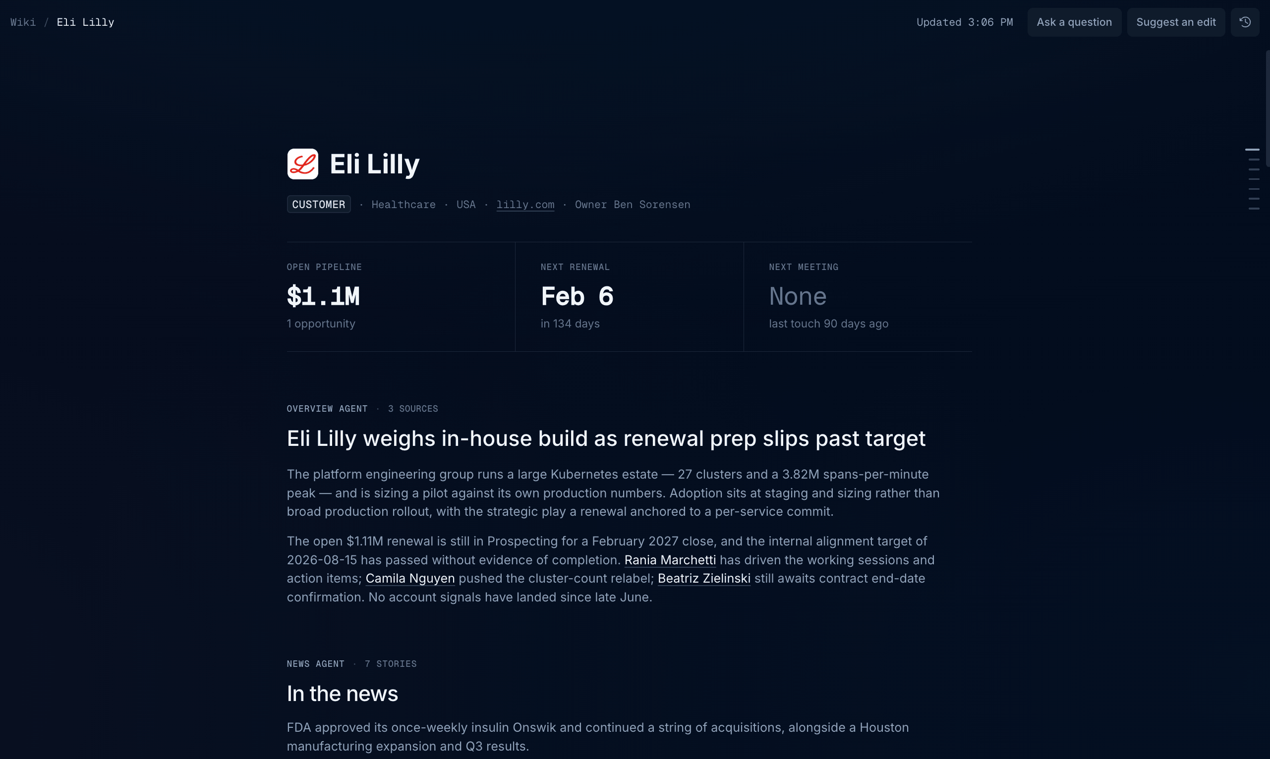Eli Lilly account page showing account details, open pipeline, next renewal, next meeting, and sections from the Overview and News agents