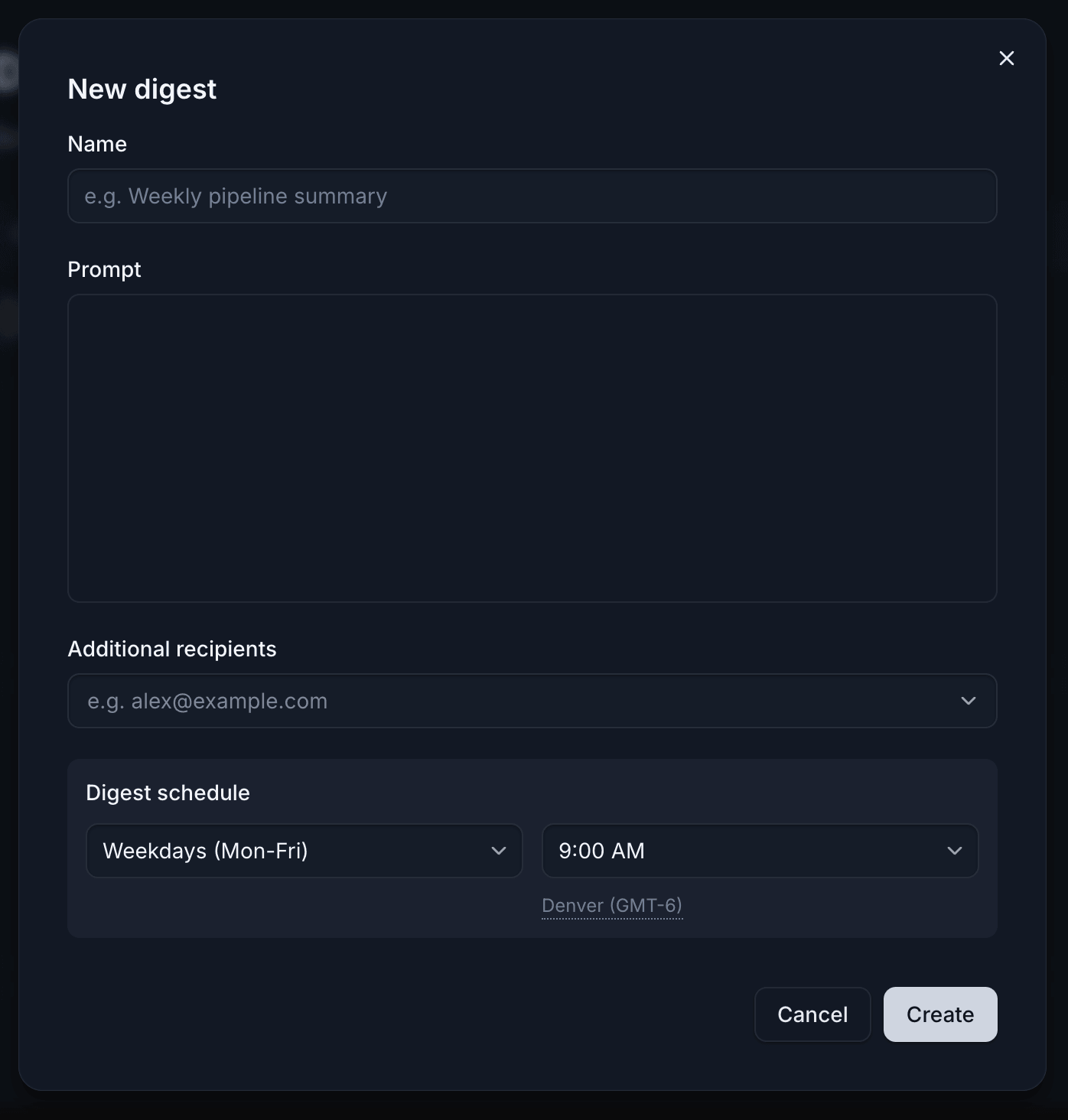 New digest form with Name, Prompt, Additional recipients, and Digest schedule fields