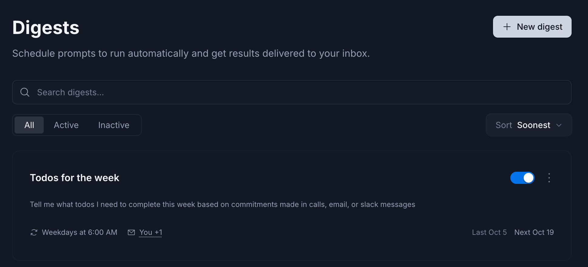 Digests page with search, status filters, sort, and a digest card showing its schedule, recipients, and run dates