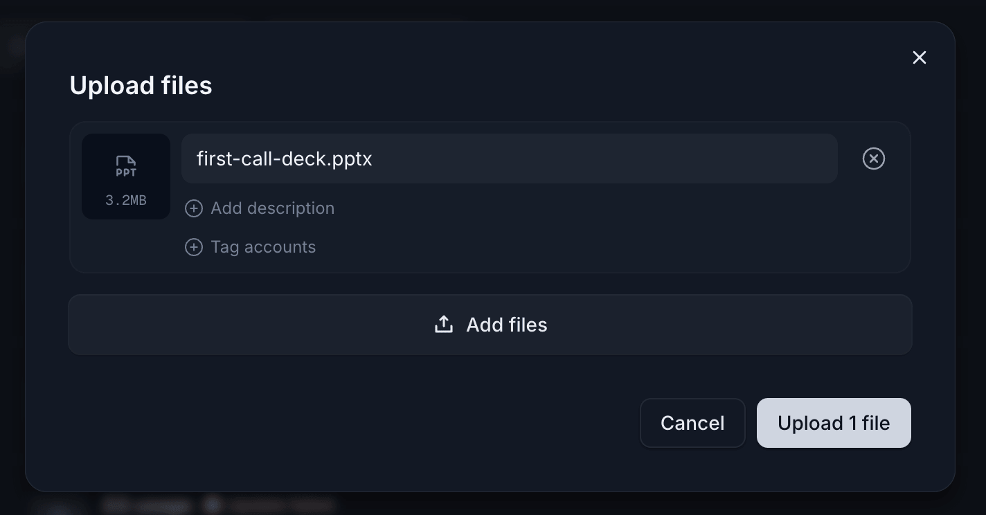 Upload files modal showing a file with options to add a description and tag accounts