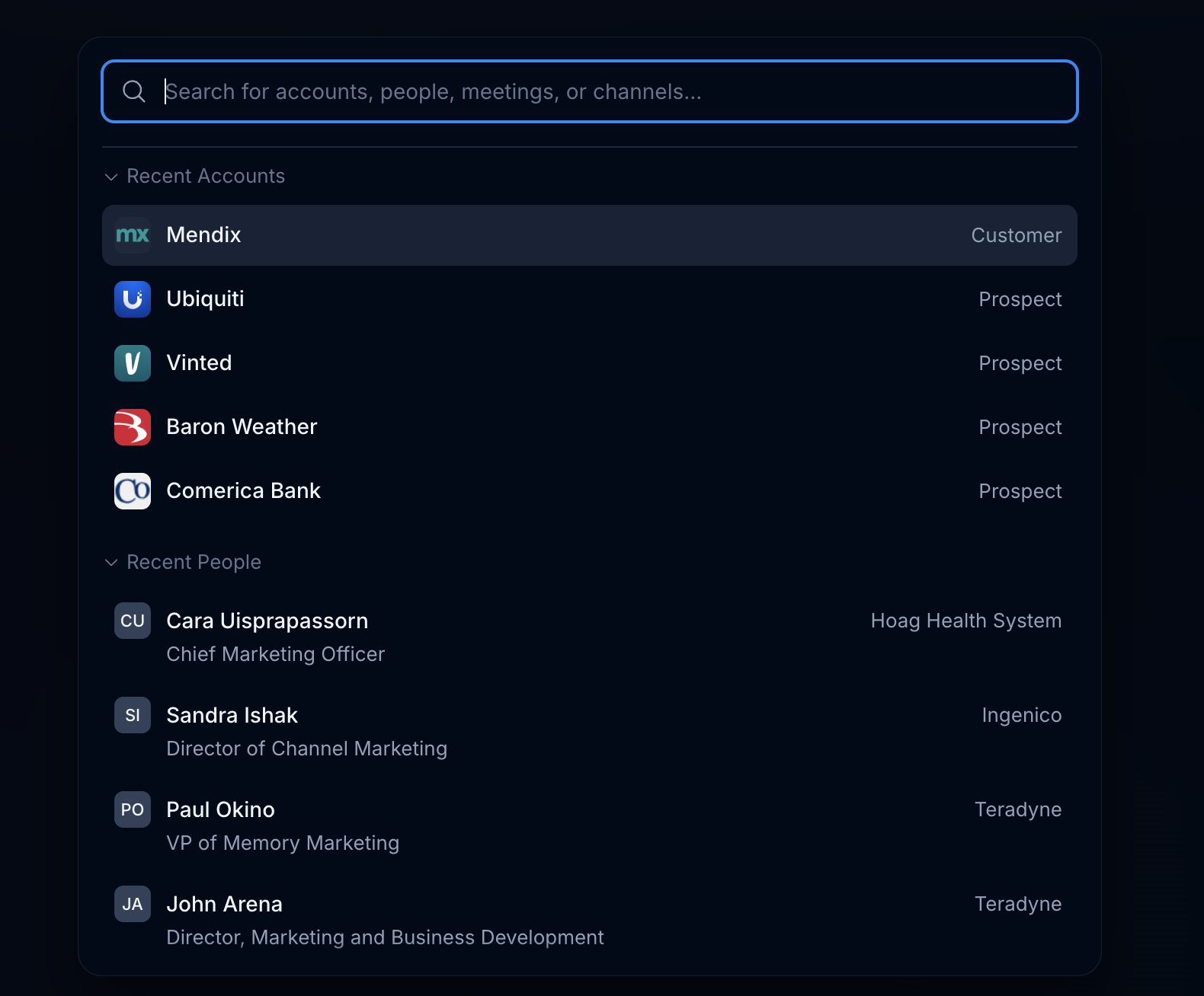 Search showing recent accounts and recent people