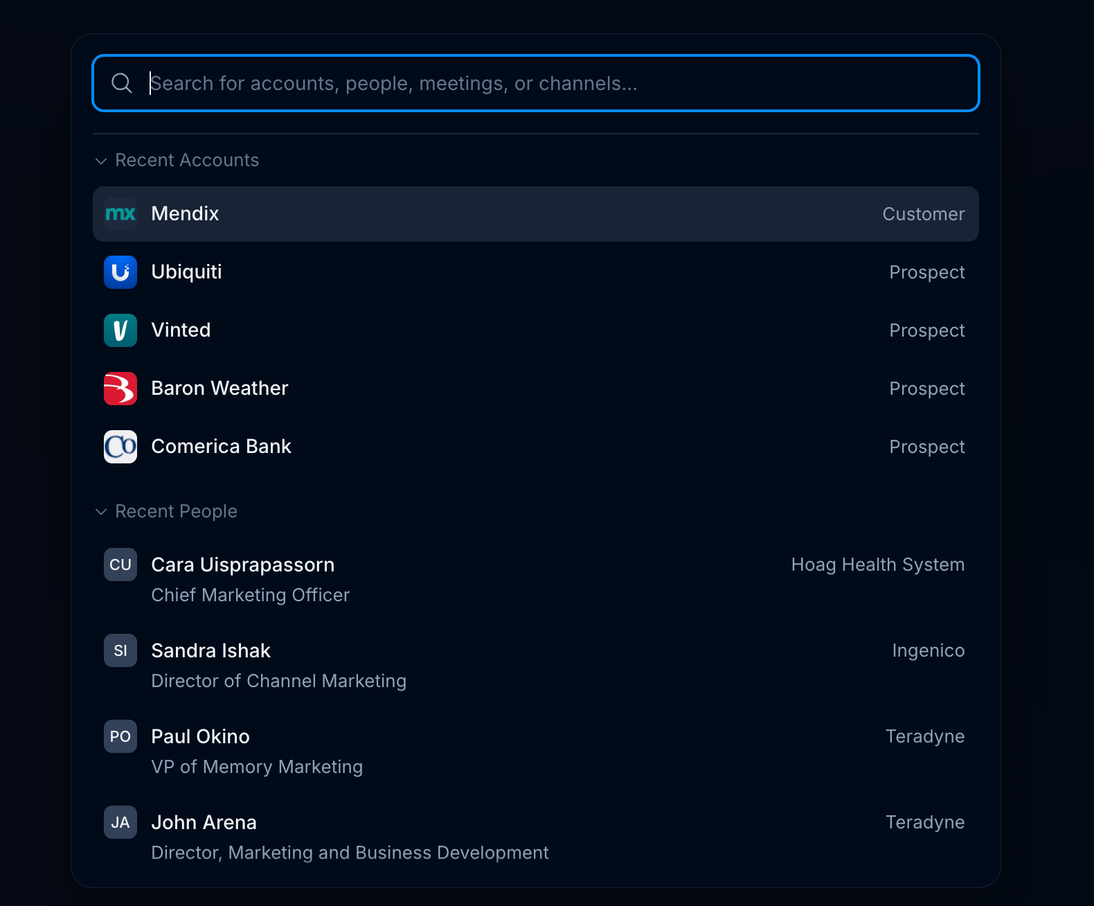 Search showing recent accounts and recent people