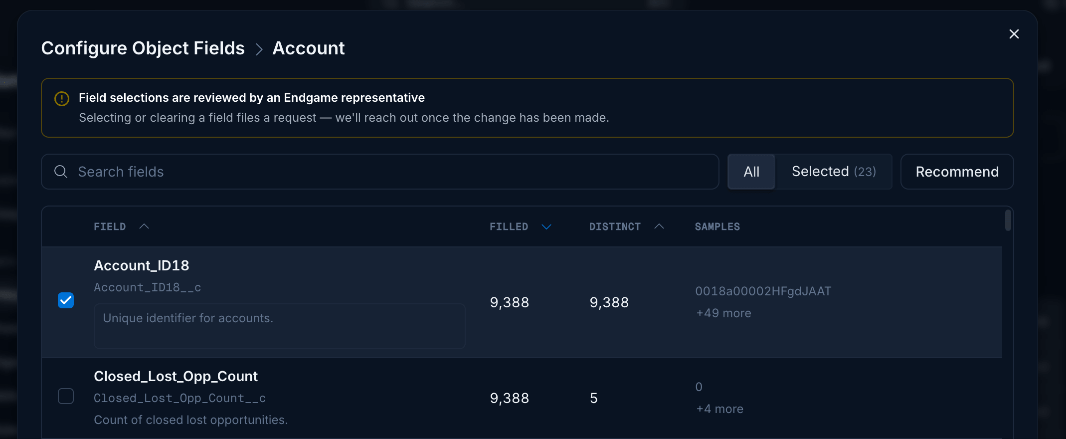 Configure object fields modal