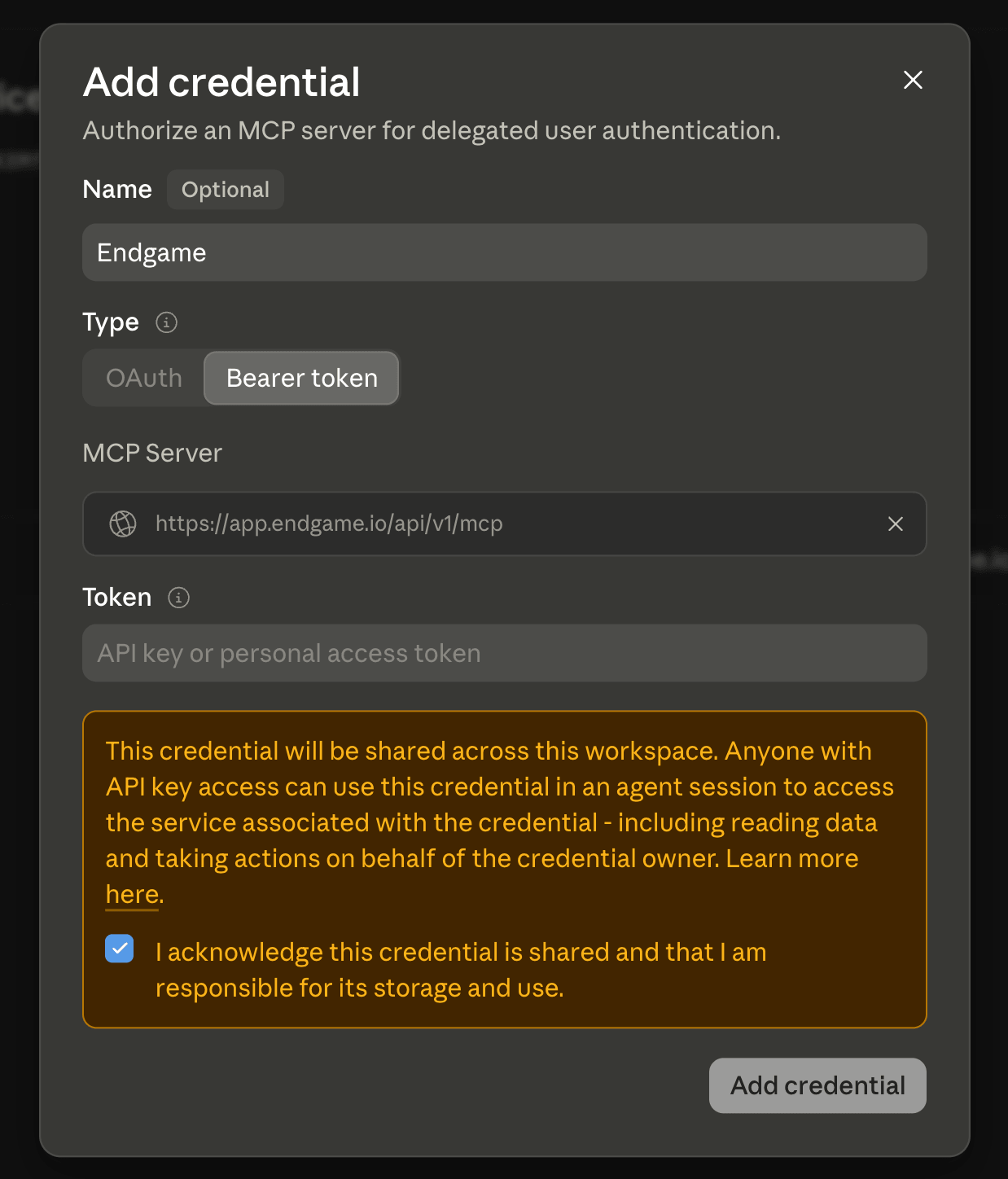 Add credential form in Claude Managed Agents vault