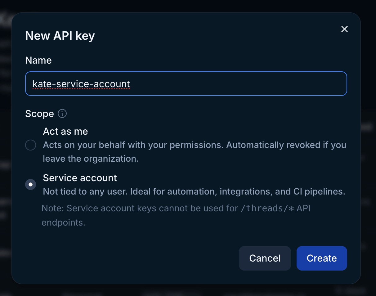 Create service account API key in Endgame