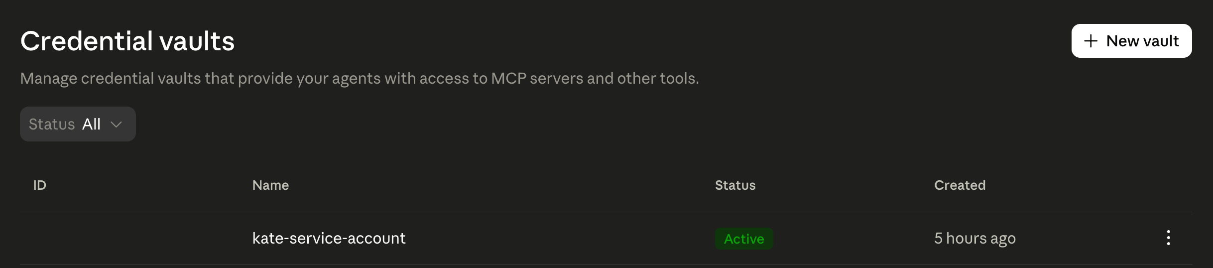 New vault button in Claude Managed Agents
