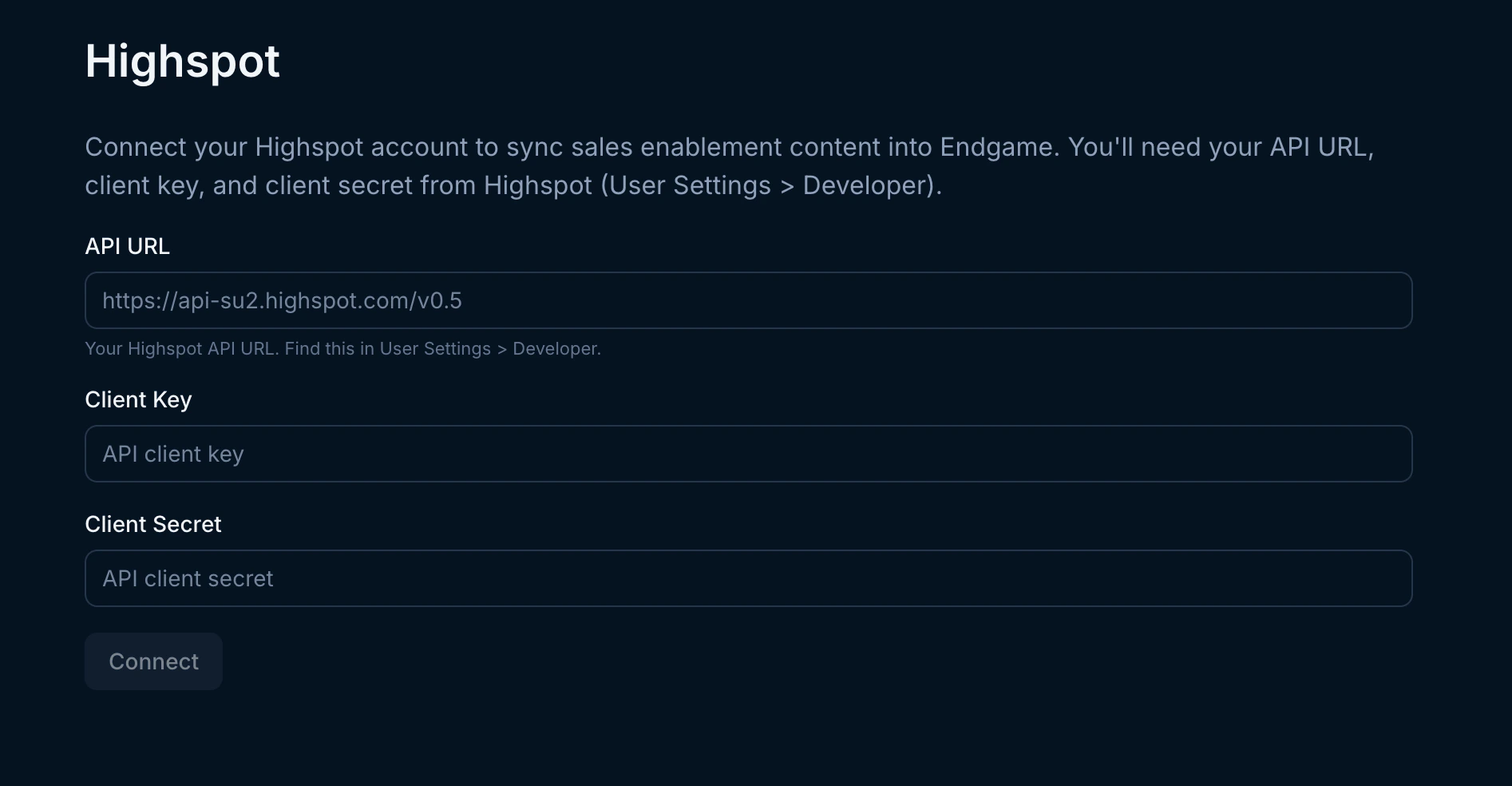 Highspot connection inputs