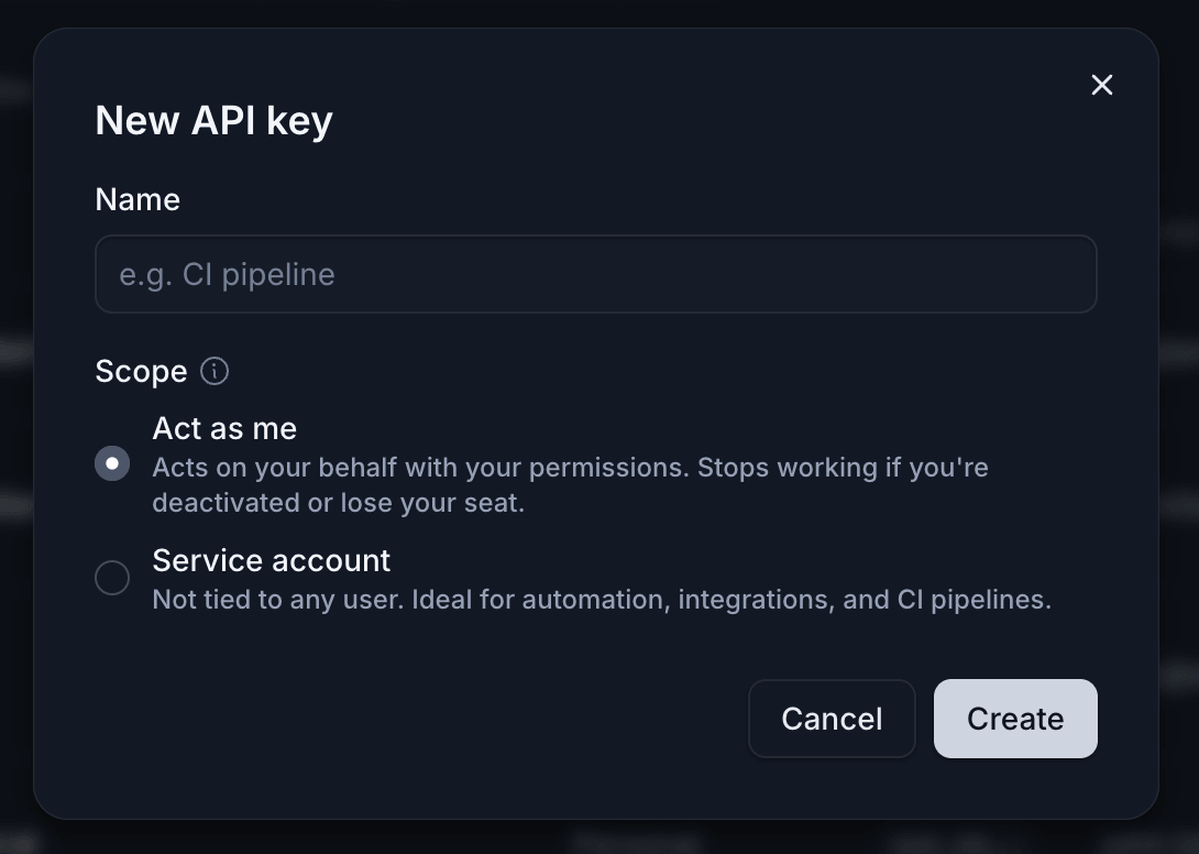 New API key dialog with a name field and Act as me and Service account scope options