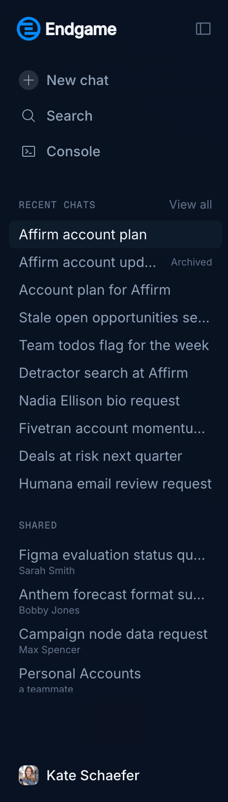 Chat navigation column showing New chat, Search, and Console above the Recent chats and Shared thread lists