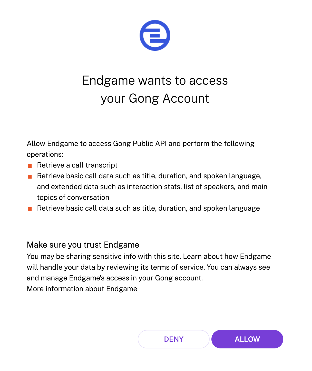 Gong authorization page asking you to allow Endgame access to your Gong account