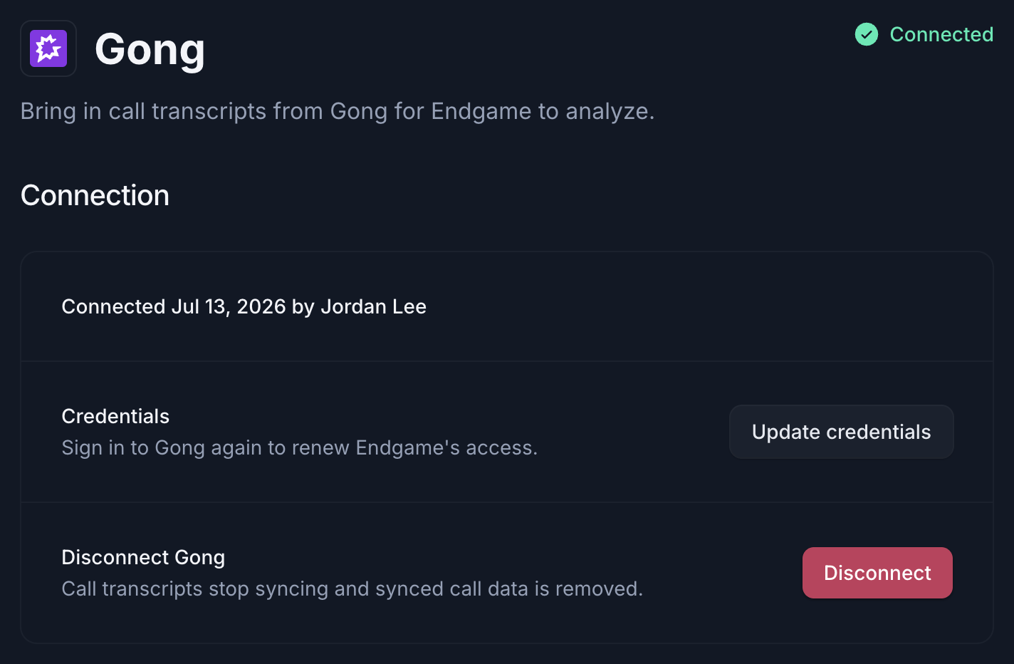 Gong's page marked Connected, with a Connection section showing the connected date, Update credentials, and Disconnect