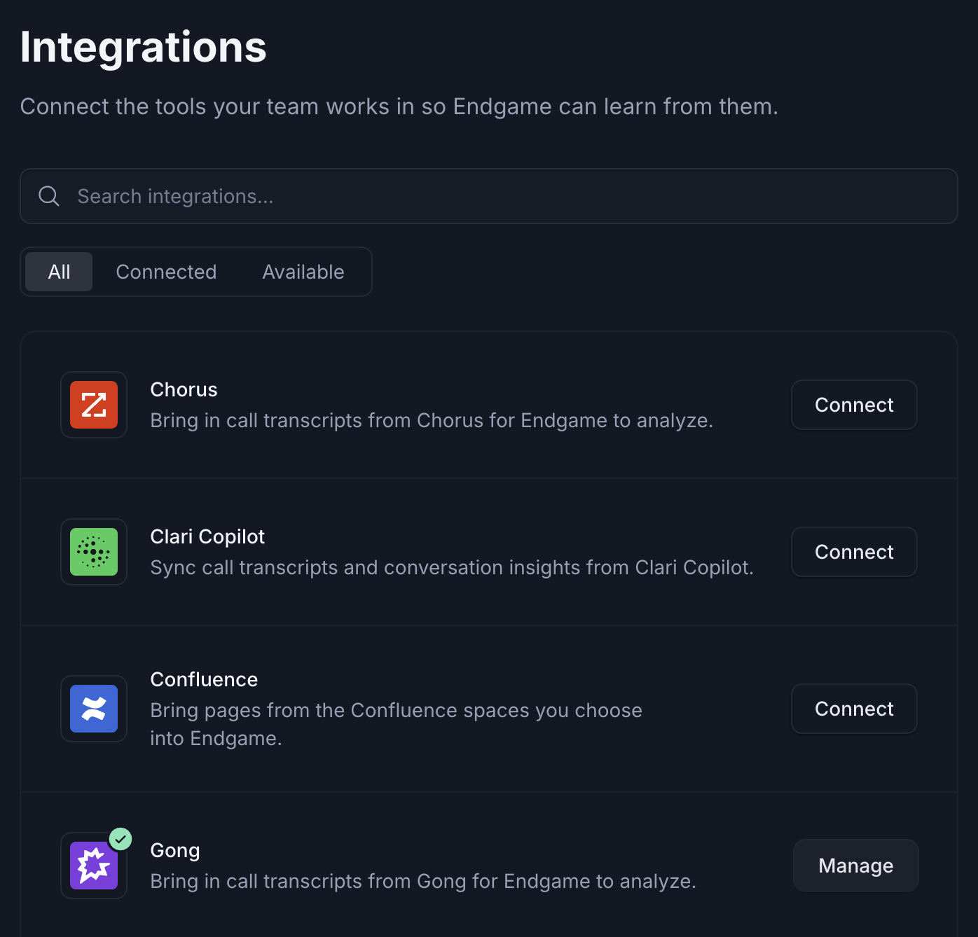 Integrations page with search, the All, Connected and Available filter, and integrations with Connect or Manage buttons