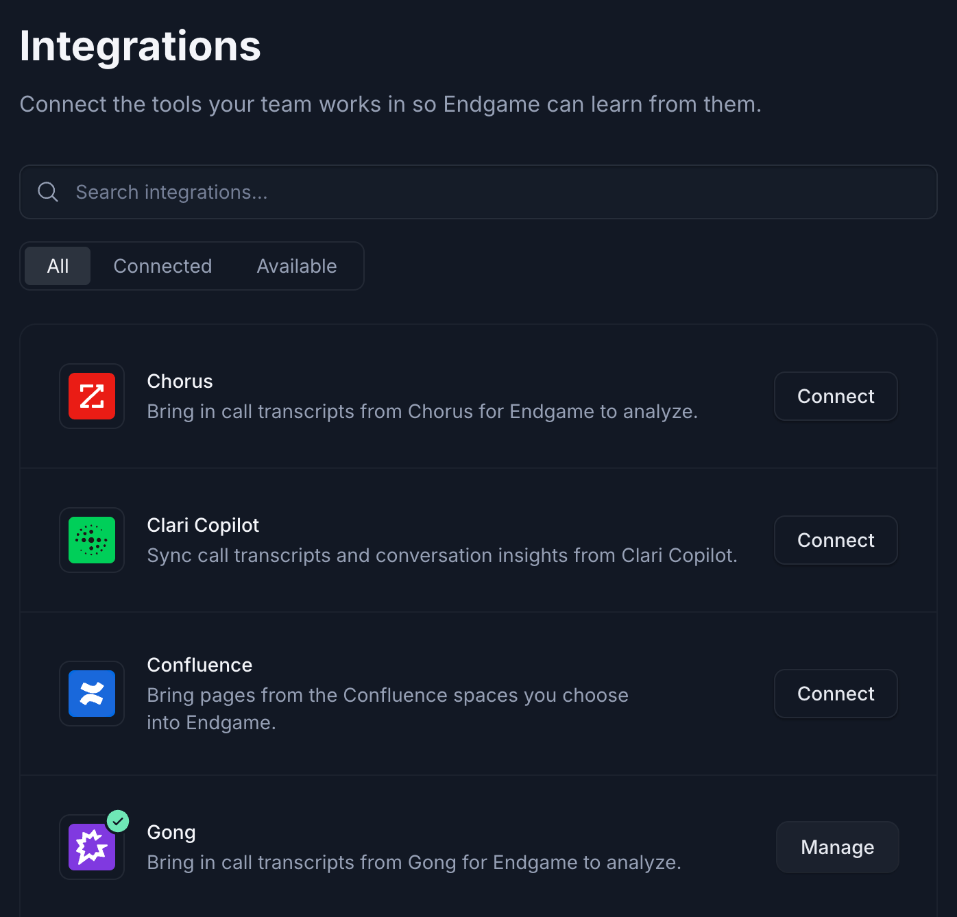 Integrations page with search, the All, Connected and Available filter, and integrations with Connect or Manage buttons